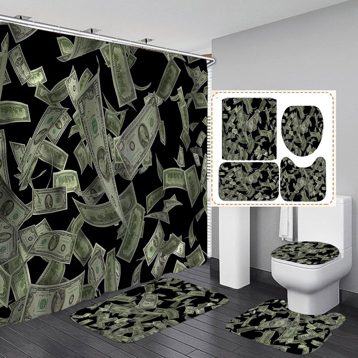 4PCS Money Shower Curtain Set, Hundred US Dollar Bills Cash Banknote Luxury Modern Bathroom Decor, Waterproof Polyester Fabric Black Shower Curtain, Non-slip Bath Mat Toilet Rug, Money Falling