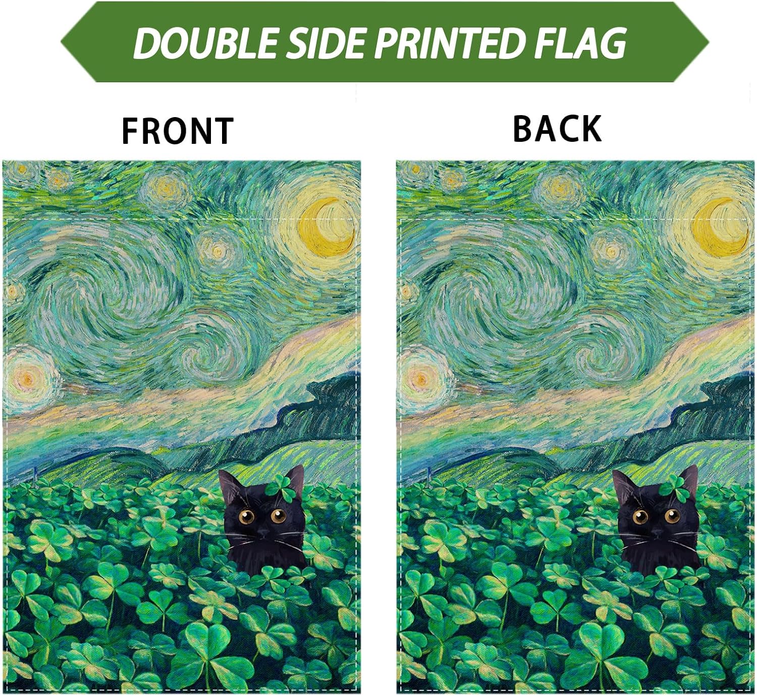 Shamrocks Clovers Cat Oil Painting Starry Night Sky Moon St. Patrick's Day Garden Flag 12x18 Inch Double Sided Small Mini Yard Flag Outdoor Outside Holiday Party Decoration - Image 6