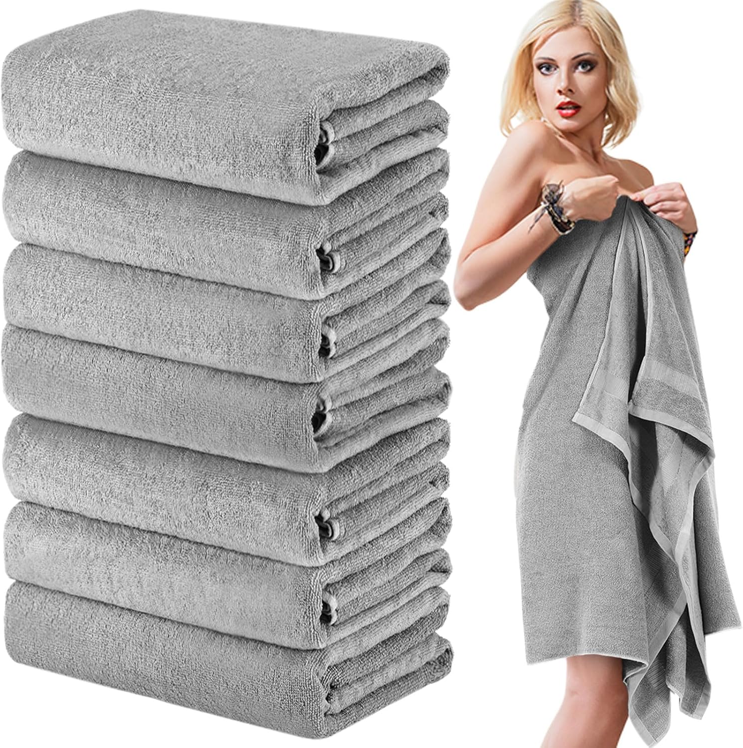 EBOOT 7 Pieces 100% Cotton Pool Beach Towels 30 x 70 Inch Cabana Oversized Basics Turkish Pool Bath for Hotel Swimming Bathroom (Light Grey)