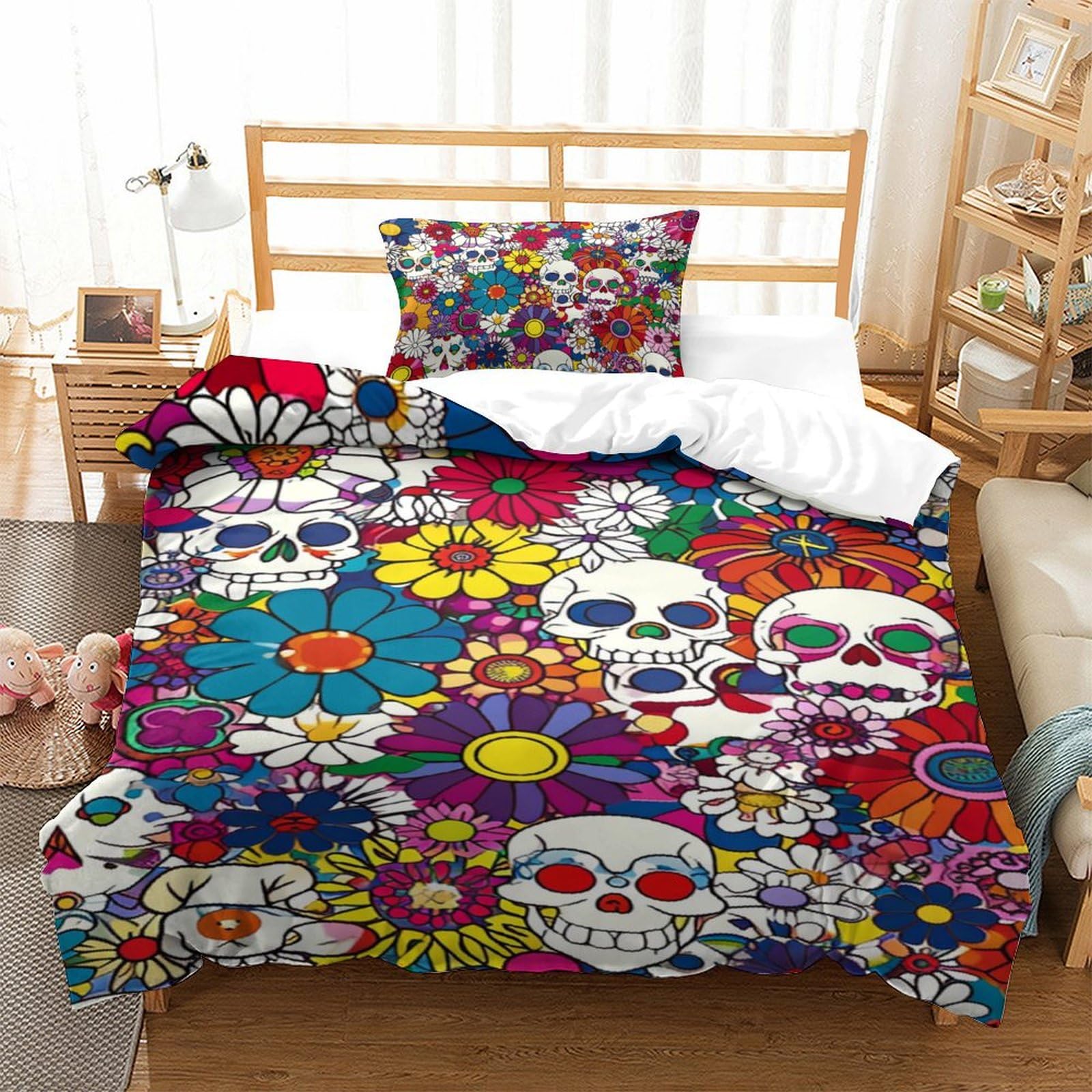 Housse de couette crâne 3D microfibre premium parure de lit zippée 1 place