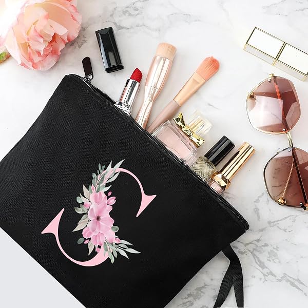 Vavabox A-Z Personalized Initial Makeup Bag, Birthday Gifts for Women Unique,Bride Bridesmaid Gift Cosmetic Bags (S, Black) - 3