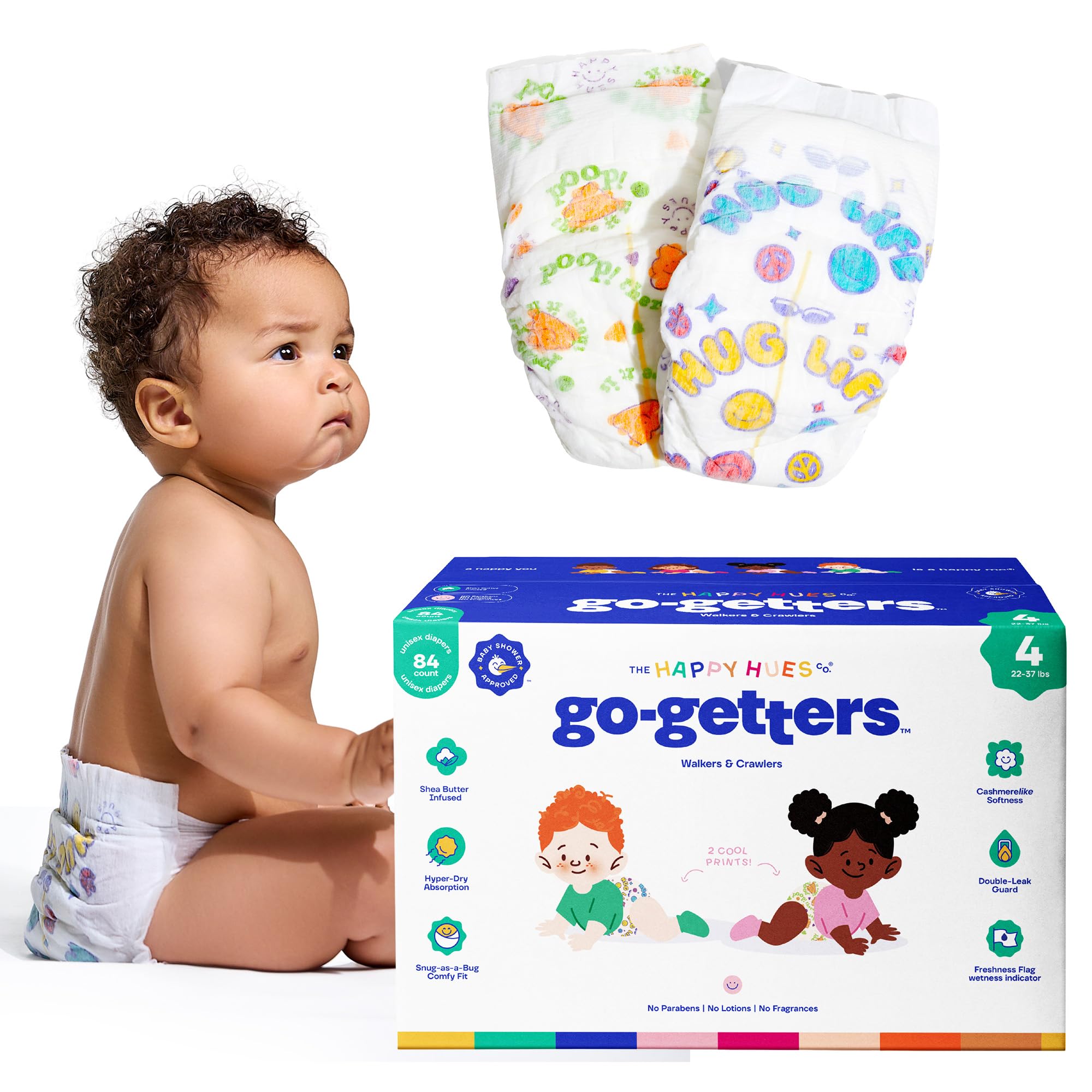 Happy Hues Go-Getters Disposable Diapers Size 4, 22-37 lbs, 84 Count | Shea Butter, Wetness Indicator, Leak Protection, Ultra-Soft Unisex, Full Coverage