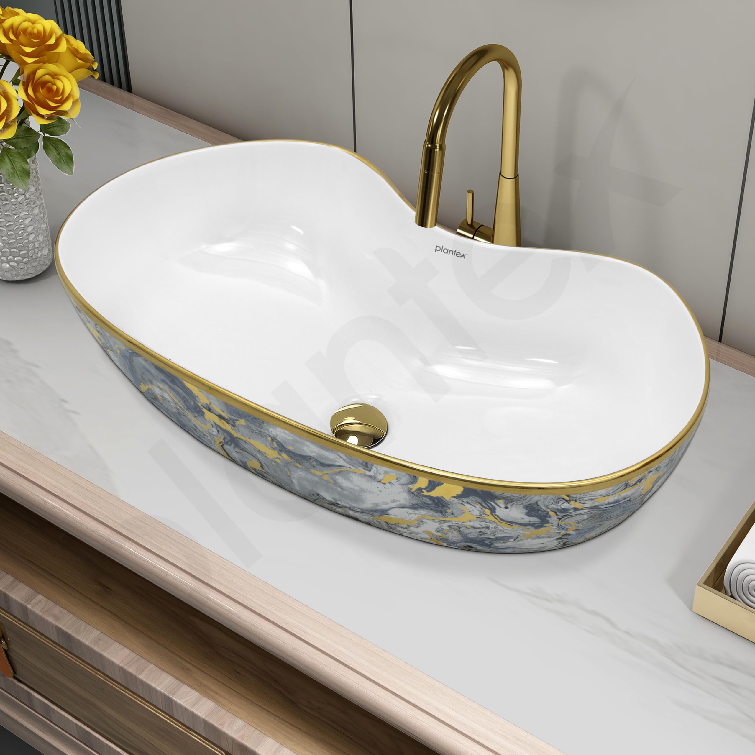 Plantex Ceramic Wash Basin/Table Top Hand Washbasin/Designer Countertop Basin for Bathroom/Restaurants/Hotel (24.5x12.5x 5.5 -White & Blue) 4