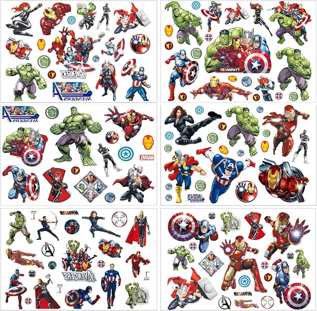 Marvel Temporary Tattoo Set, 6 Sheets Avenger Fake Waterproof Temporary Tattoos Sticker for Boy Girl Teens Birthday Party Bags Fillers Favors Supplies Gifts Goodies Decoration