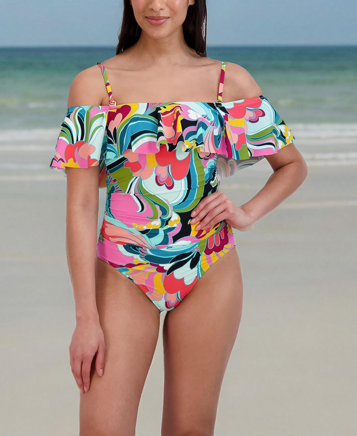 BCBGMAXAZRIA Women's One Piece Swimsuit Off The Shoulder Tummy Control Quick Dry Bathing Suit