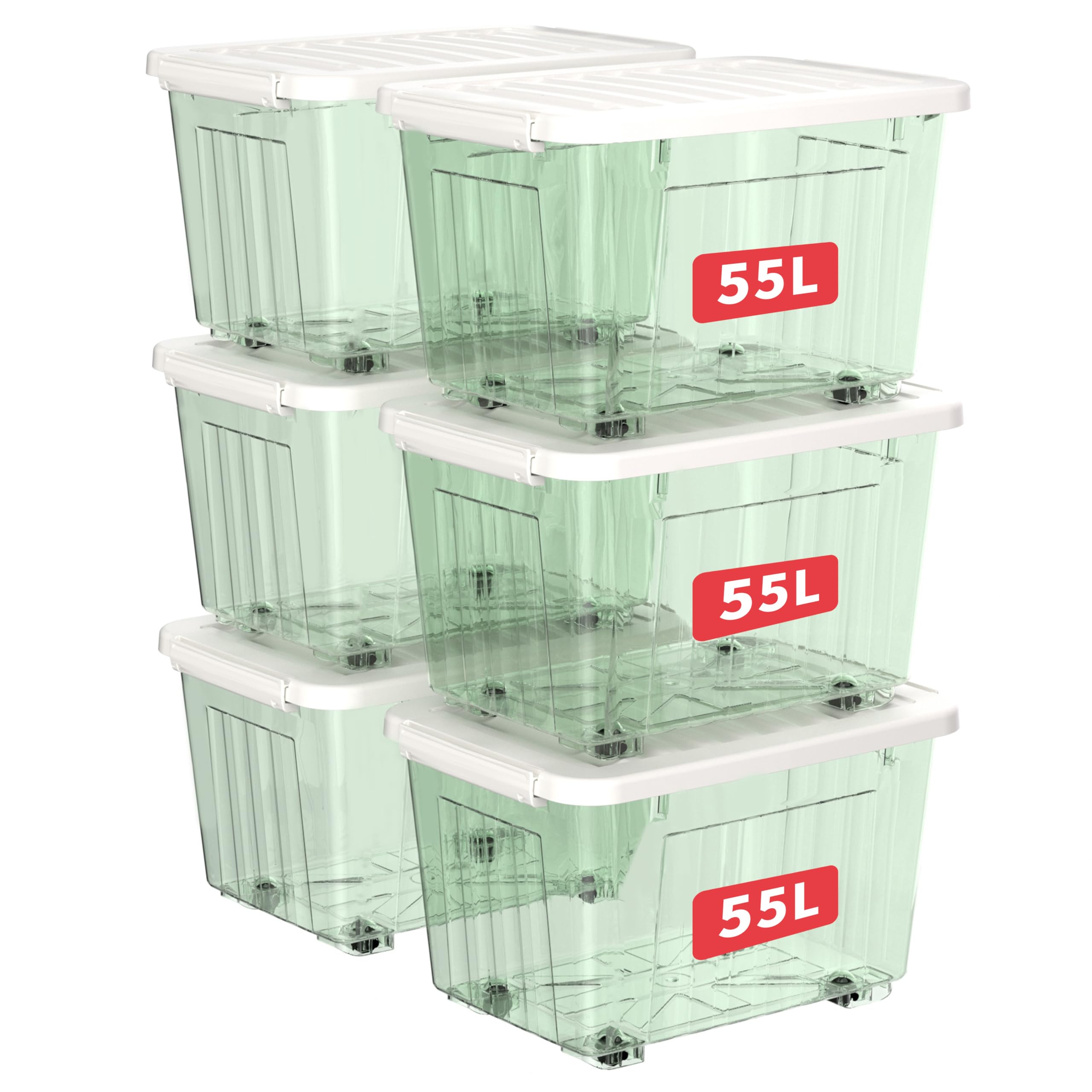 Cetomo 55L*6 Plastic Storage Boxes with Wheels, Lidded Storage Box with Secure Side Latches, PP Nestable and Stackable Clear Organizer for Home, Office, Moving, Transparent Green, 55L-6 Pack โ image 1