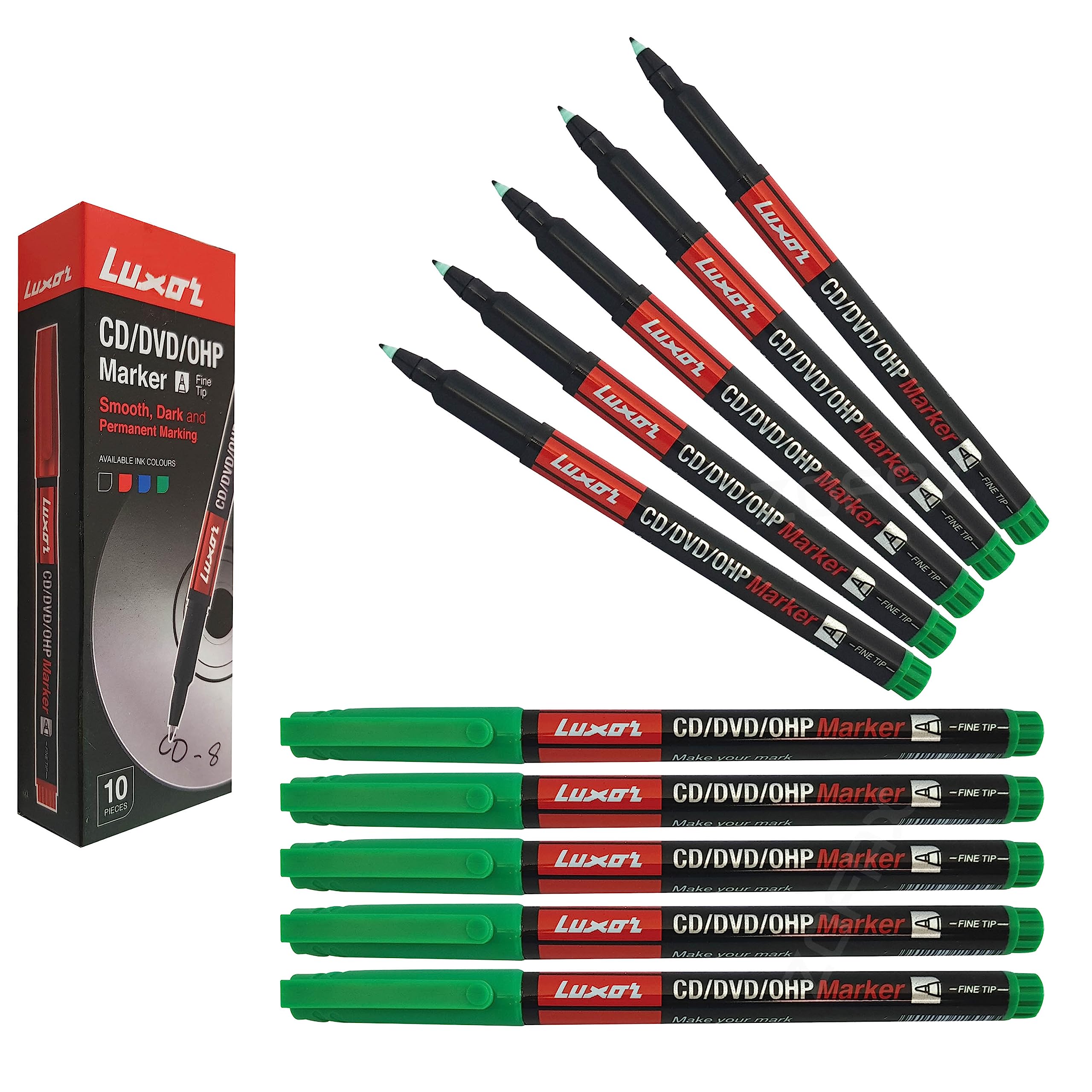 Luxor Permanent Marker Pens, GREEN, Fine Tip, Pack of 10, CD/DVD/OHP Smooth Surface Markers, Waterproof Ink, Mark Write Draw, iZOFAX Black Ball Pen