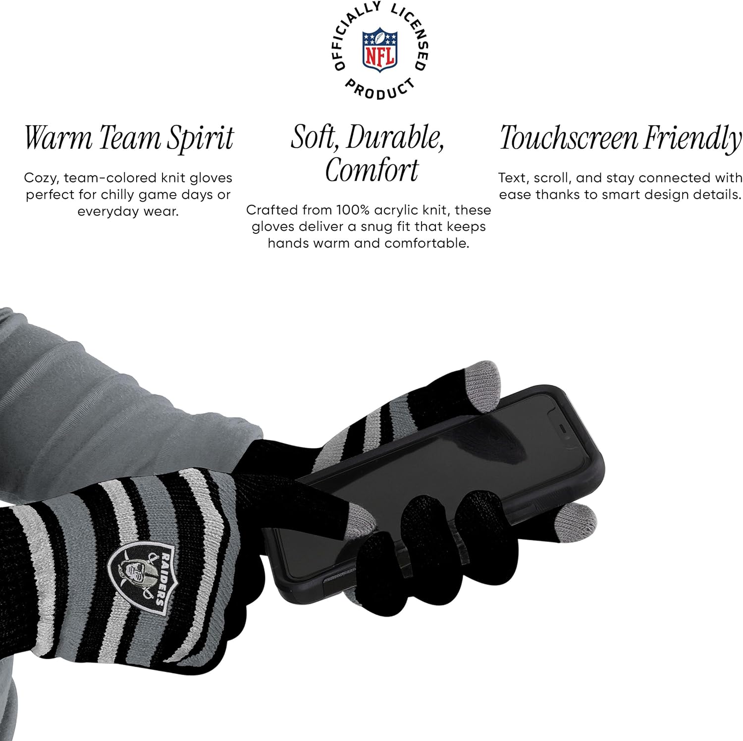 FOCO NFL unisex-adult Nfl Team Logo Adult Stretch Gloves With Big Wordmark Strip Pom Knit Hat Beanie Set - Image 4