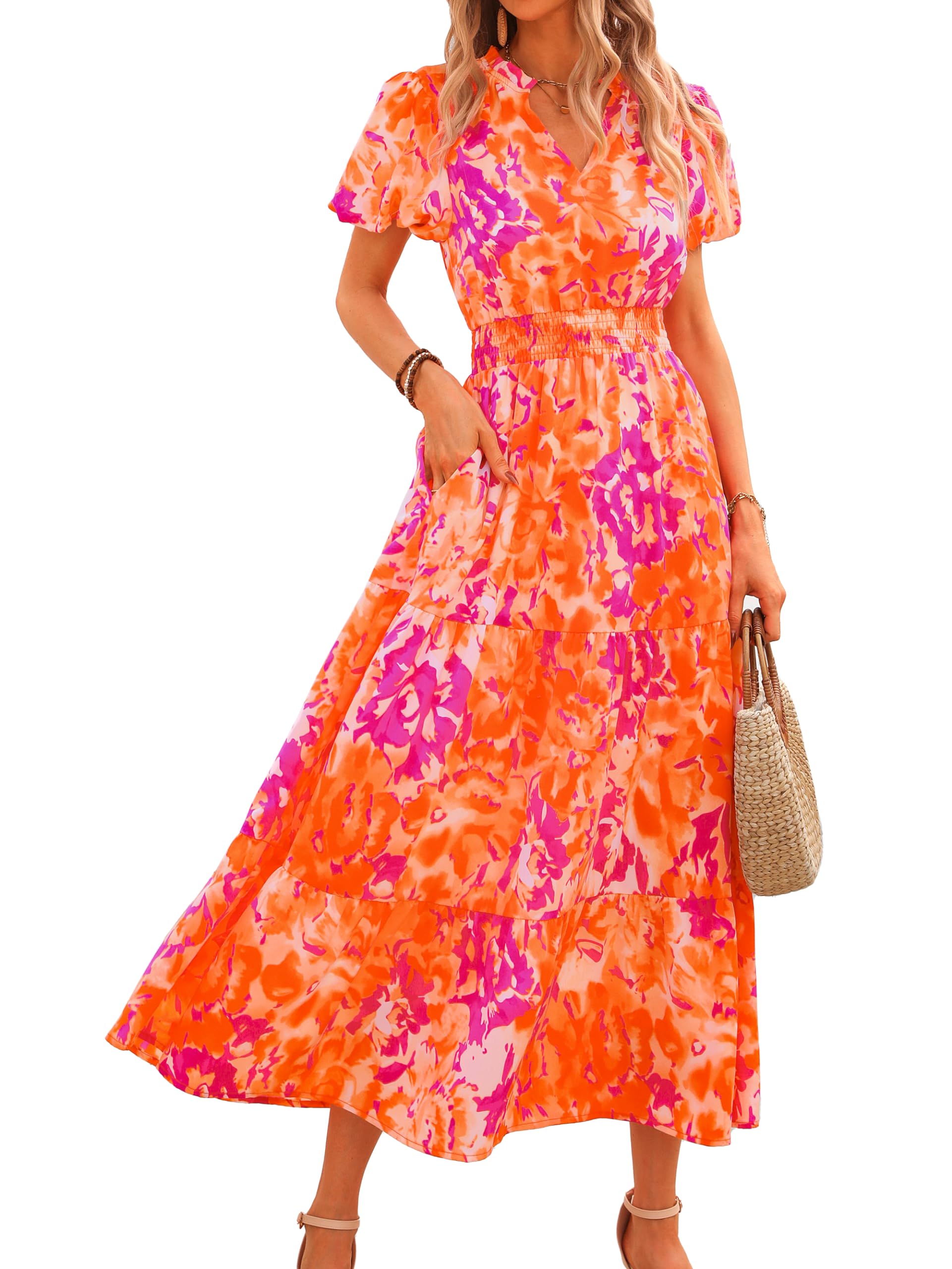Photo 1 of MASCOMODA Summer Maxi Dresses for Women 2026 Casual V Neck Puff Short Sleeve Smocked Flowy Beach Boho Long Floral Dress(Orange Rose Red Big Floral,X-Large)