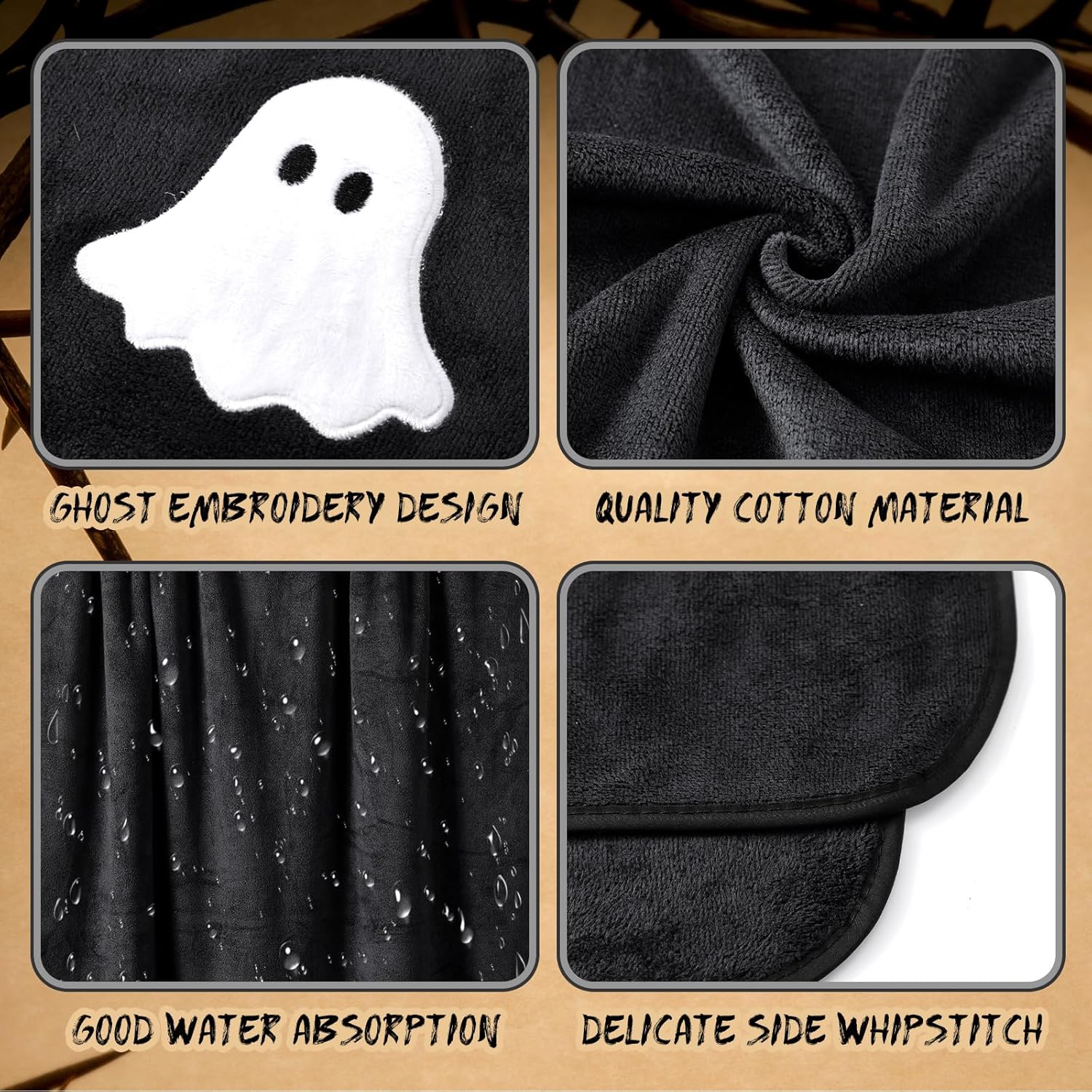 Peryiter 6 Pcs Halloween Bath Towels Set Ghost Embroidered Cotton Bathroom Decors Black White Ghost Hand Towels Absorbent Soft Washcloths for Bathroom Shower Drying Cleaning Halloween Home Decor