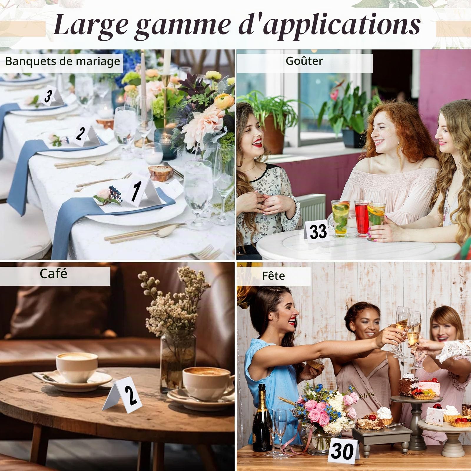 Lot de 50 numéros de table en acrylique, numéros de table numérotés double face pour restaurant, décoration de table de mariage (blanc)