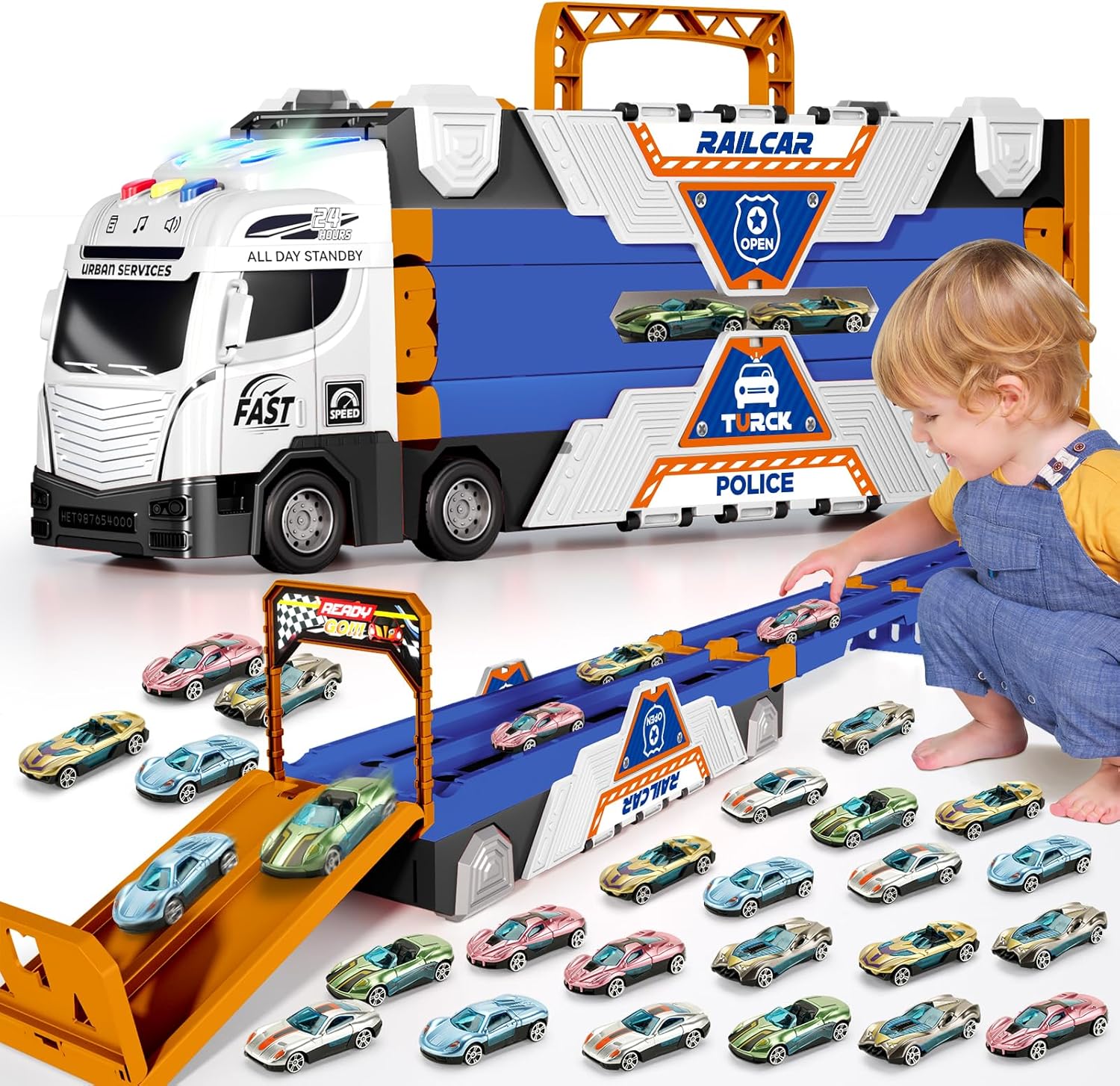 Jiakora 65-Inch Race Car Tracks and 20 Car Toys for Kids Boys Toddlers, Boy Toddler Toys Trucks for 3 4 5 6 7 8 Years Old Kids with Lights Sounds, Truck Toys Gift for 3 4 5 6 7 8 Years Old Boys Girls