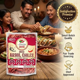Chile De Arbol 4oz - Dried Whole Red Chili Peppers, Premium All Natural Stemless, Resealable Bag. Use in Mexican, Chinese and Thai Dishes. Spicy Hot Heat Full of Flavor | Very spicy with smoky notes. Use in salsa roja, chili oil, soups & Asian stir fry. Stemless, all natural. Resealable bag.