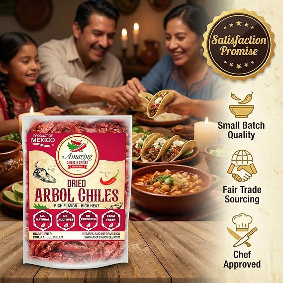 Chile De Arbol 4oz - Dried Whole Red Chili Peppers, Premium All Natural Stemless, Resealable Bag. Use in Mexican, Chinese and Thai Dishes. Spicy Hot Heat Full of Flavor | Very spicy with smoky notes. Use in salsa roja, chili oil, soups & Asian stir fry. Stemless, all natural. Resealable bag.