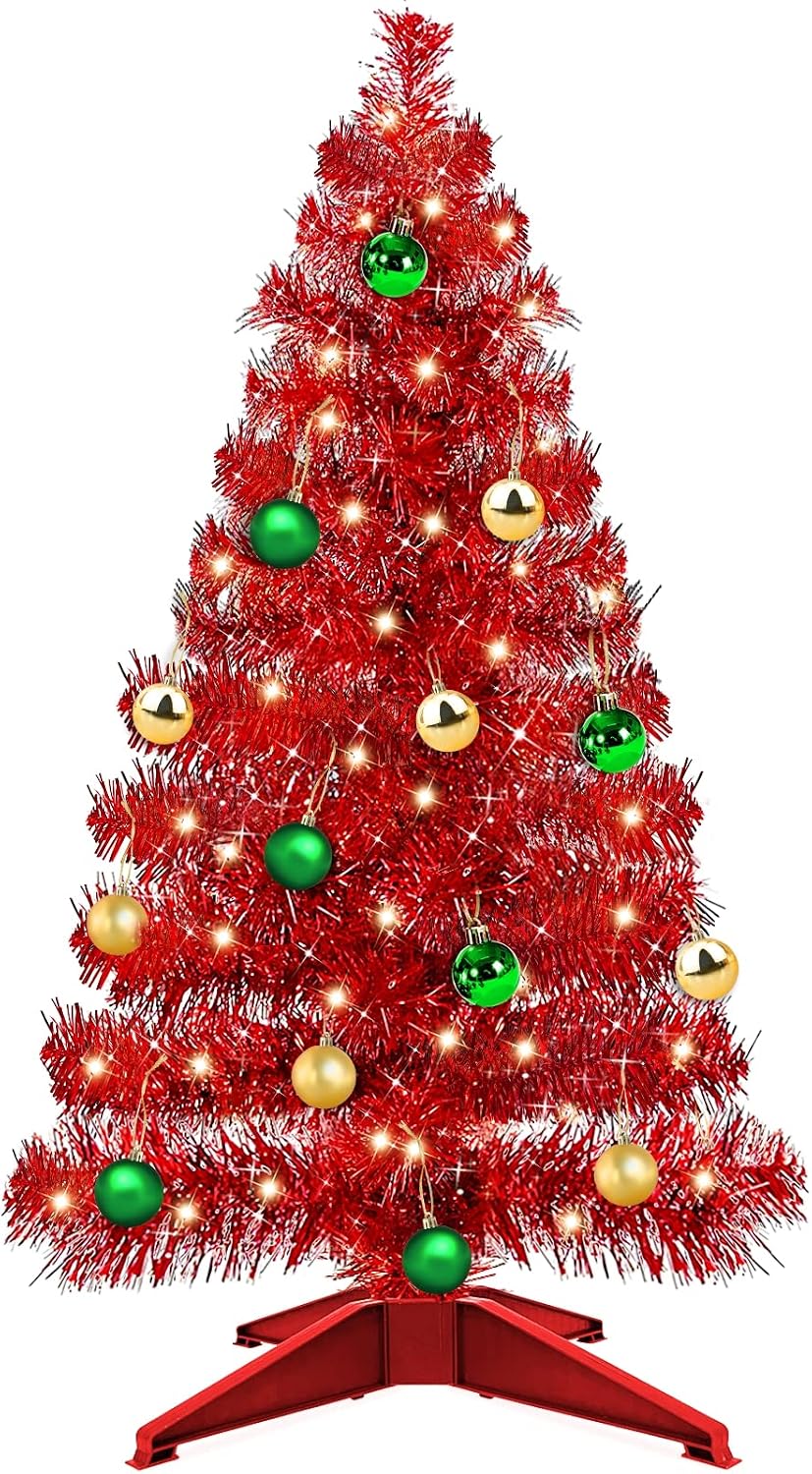 3 Feet Artificial Valentines Day Tree with Timer DIY 50 Warm Lights 15 Ball Ornaments Battery Operated Pencil Full Tree Holiday Valentines Day Decoration Table Indoor Home Party(Red)