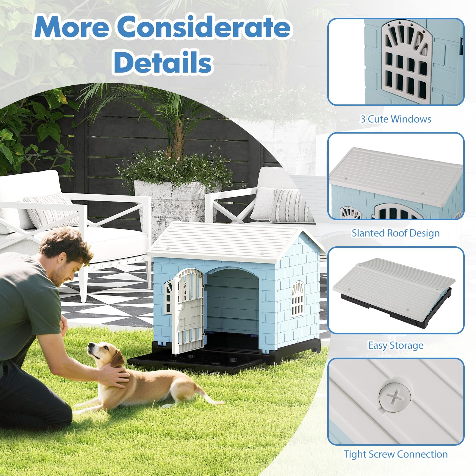 GOPLUS Caseta para Perros de Plástico, Casa para Perro con 3 Ventanas, Puerta con Cerradura, Techo Inclinado, Bandeja Extraíble, Perrera Interior Exterior para Perros Pequeños Medianos Patio (Azul)