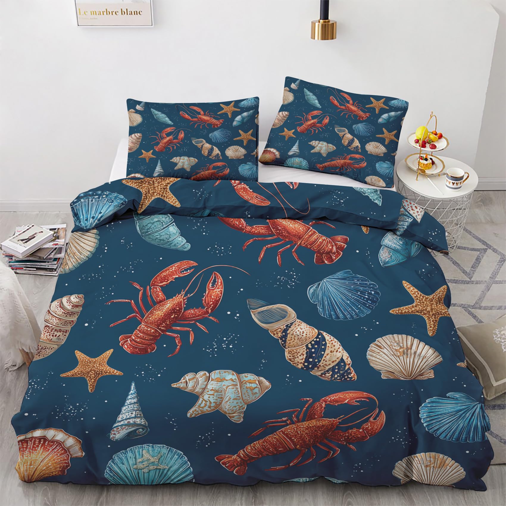 Parure de lit 160x200 coquillages et homard avec housse de couette marine et 2 taies