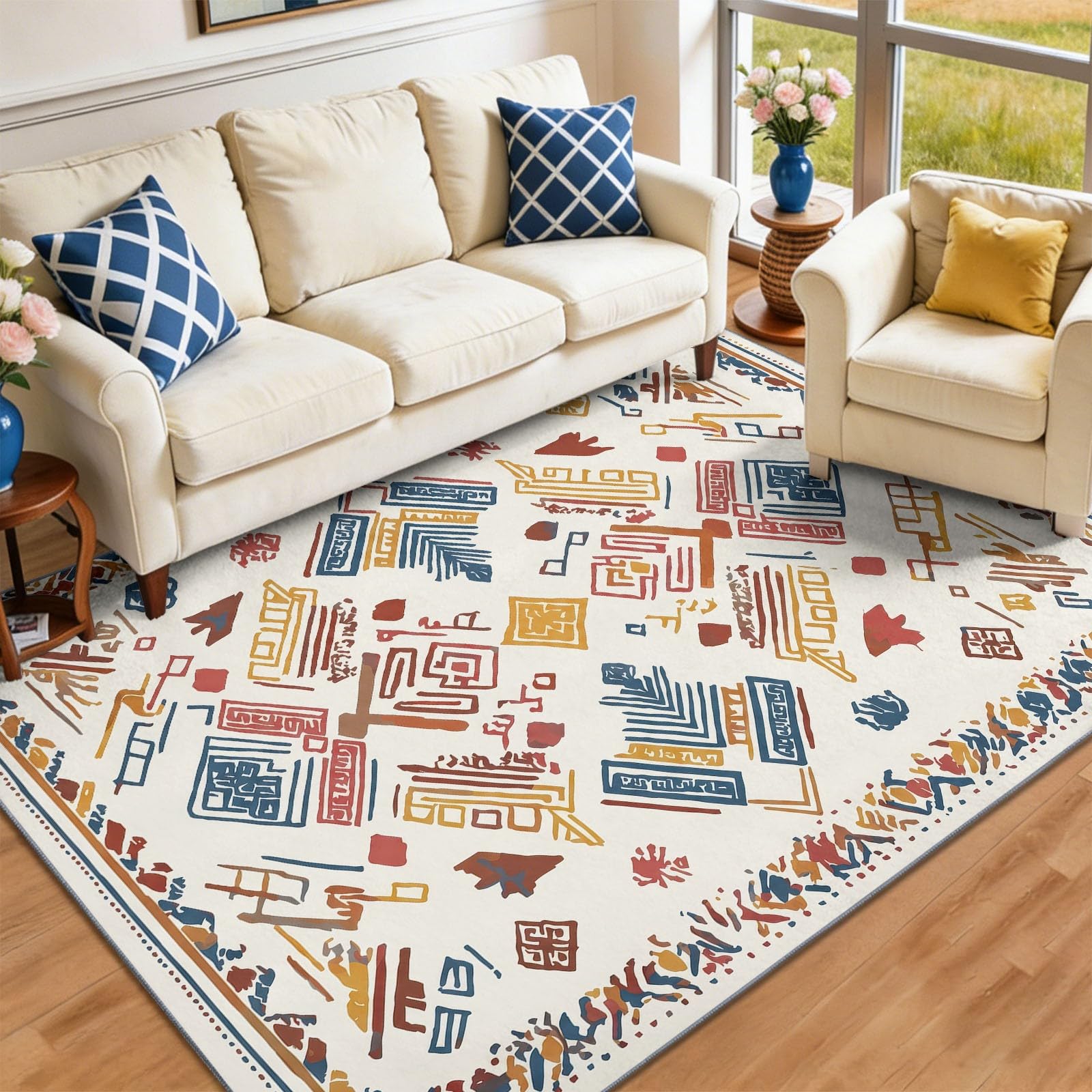 Traditionnel Ethnique Tapis de Salon, Totem Tribal Géométriques Chevron | Poil Ras Lavage en Machine antidérapant Salle de séjour Chambre Cuisine Salle à Manger, 140 x 200 cm Multicolore