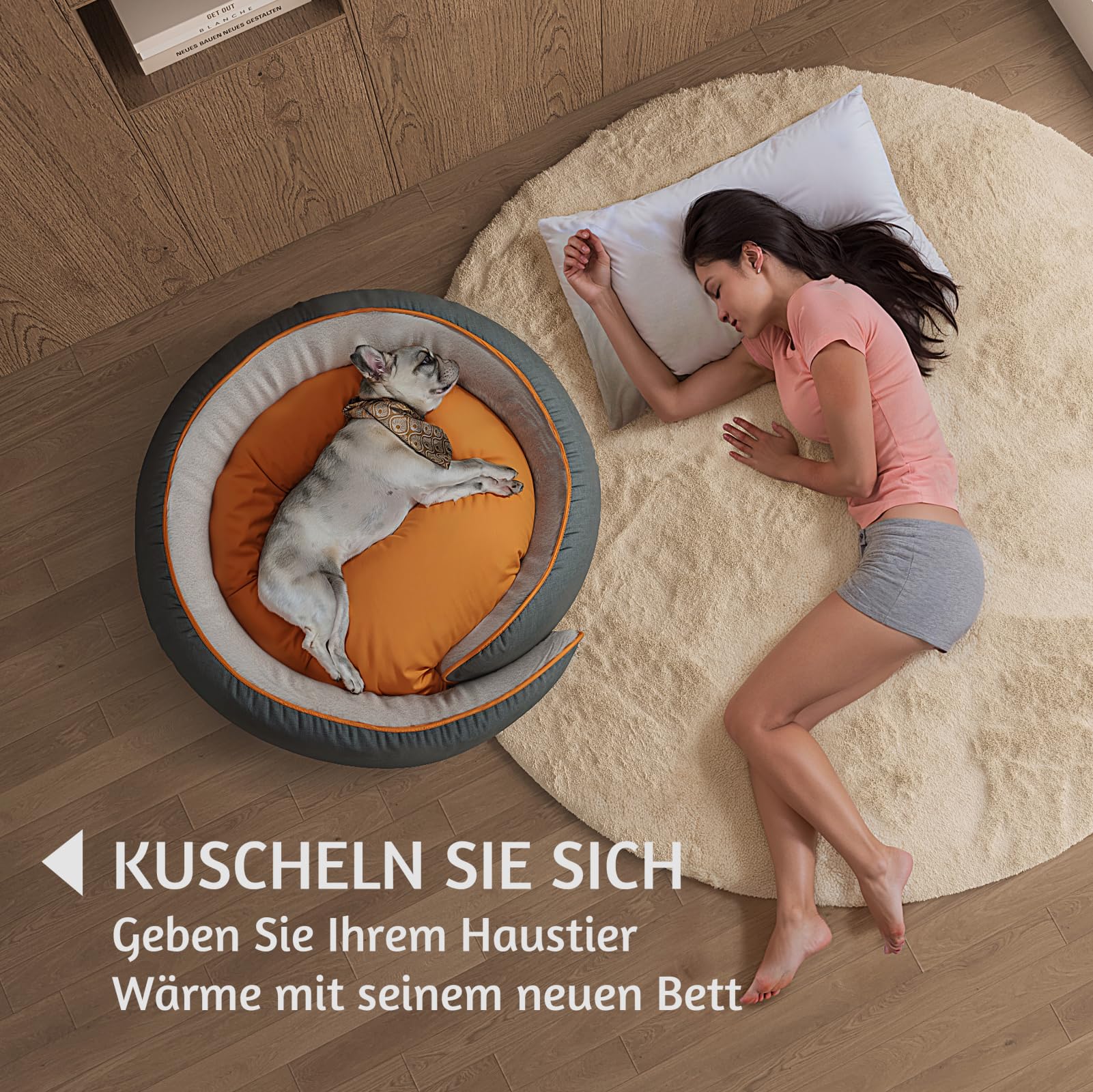 Kuscheliges Hundebett Rund mit Rand für Kleine und Mittelgroße Hunde, 76cm Donut Hundekorb Waschbar mit Doppelseitiges Kissen, Hundekissen rutschfest (Schwarz, M)
