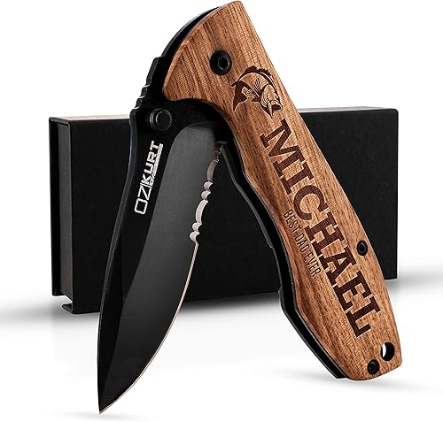 Regalos para hombres, cuchillo de bolsillo de madera de roble grabado personalizado - 36 iconos, 20 fuentes elegantes - Cuchillos de bolsillo
