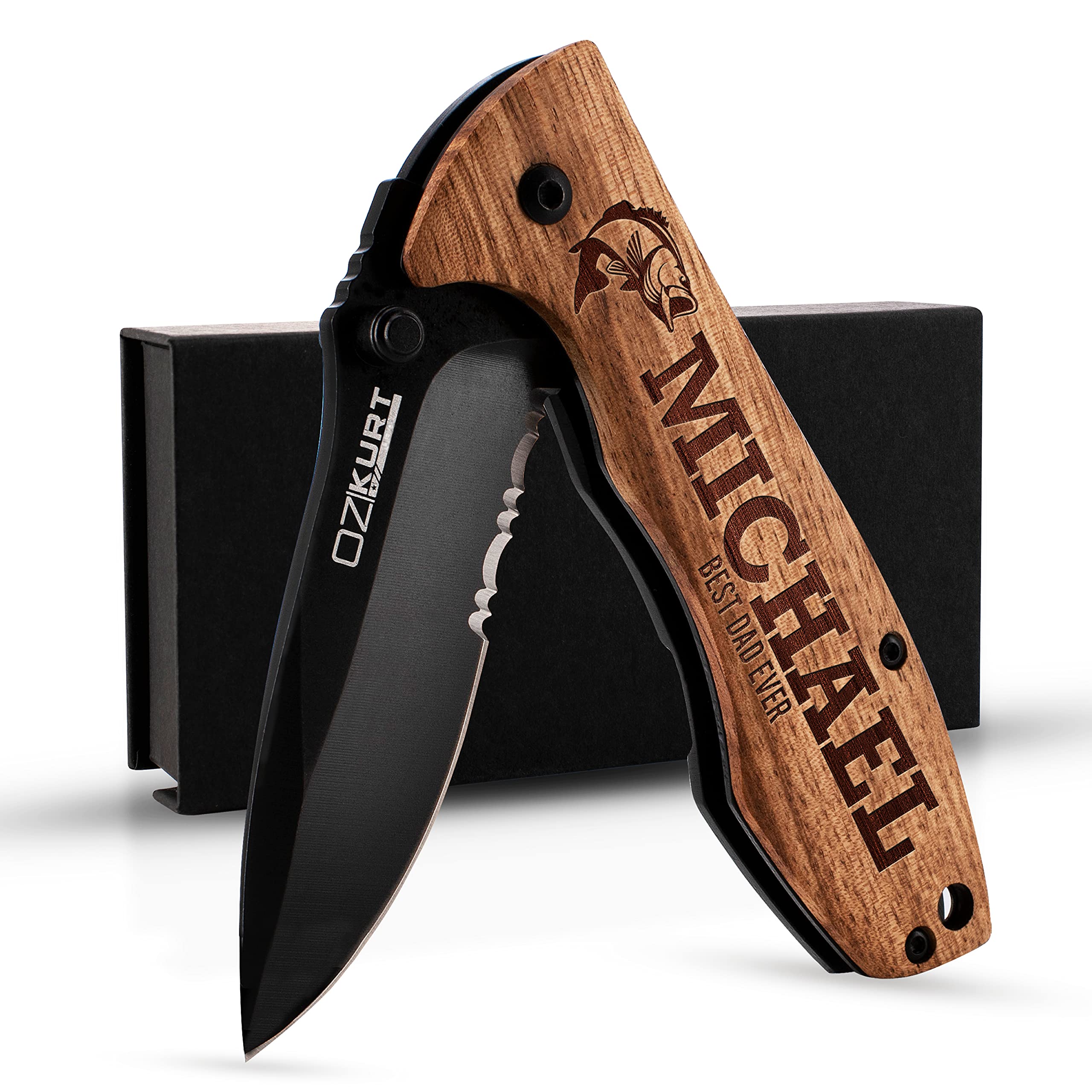 Customization Mill Gifts for Men, Personalized Engraved Oak Wood Pocket Knife - 36 Icons, 20 Stylish Font - Custom Pocket Knives