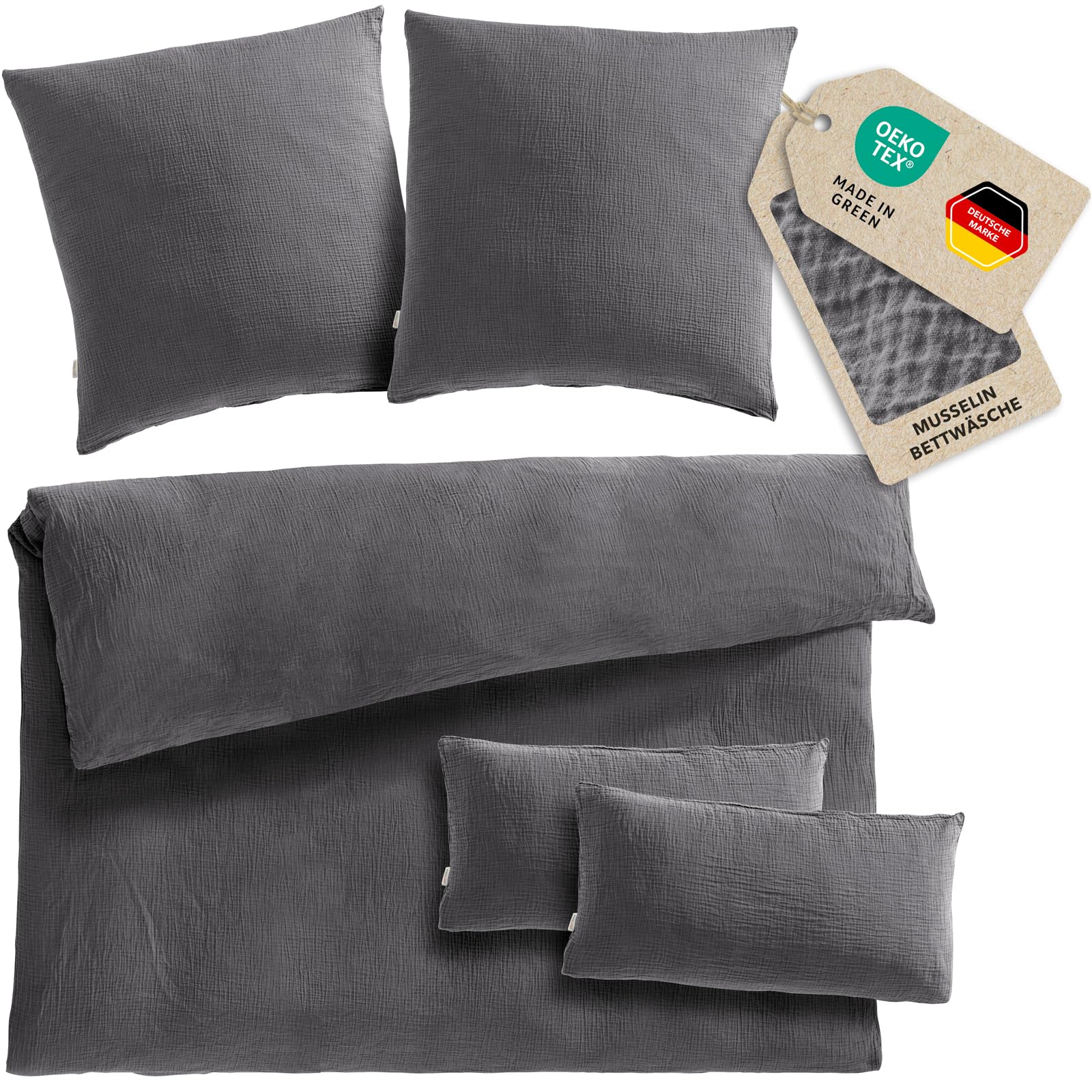 Pure Label Musselin Bettwäsche 5tlg 200x200+2x80x80+2x40x80 Anthrazit