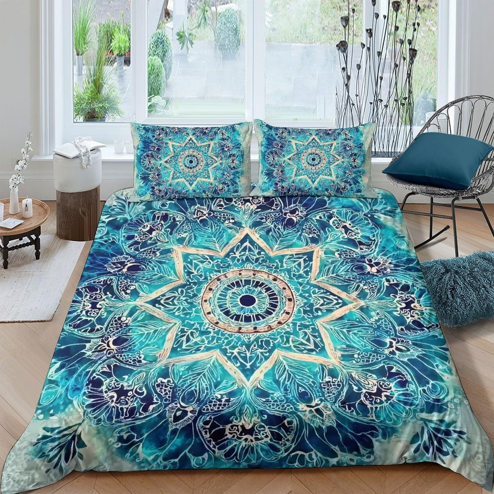 Ctjqhvkz Style-9 3D Printed Mandala Blue Fitted Sheet Microfiber Soft Decor Bohemian Star Mattress Cover For Bedroom Dorm Guest Room Single（135X200cm）