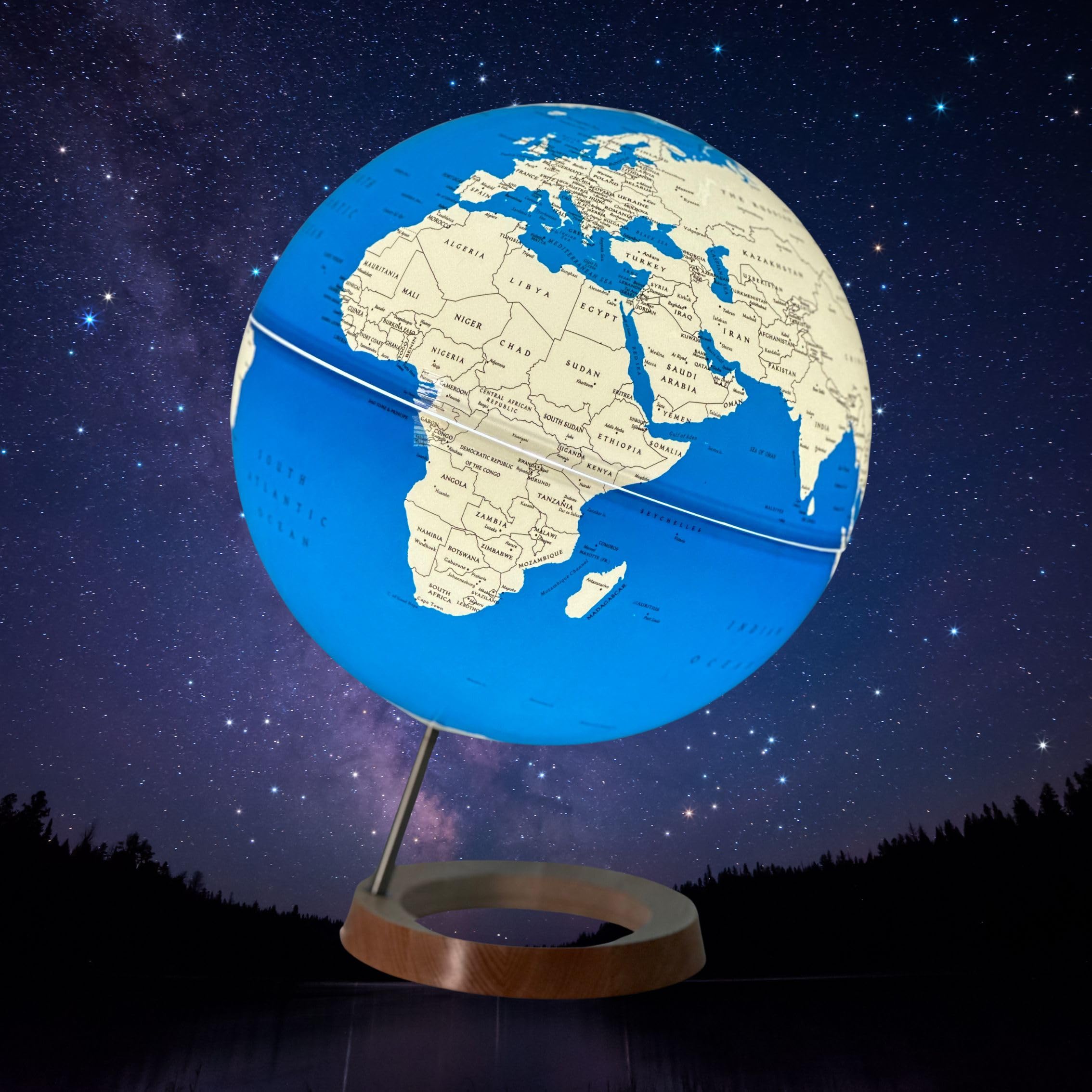Exerz Mappamondo illuminato diametro 33cm con base in legno - Mappamondo luminoso - Mappa inglese