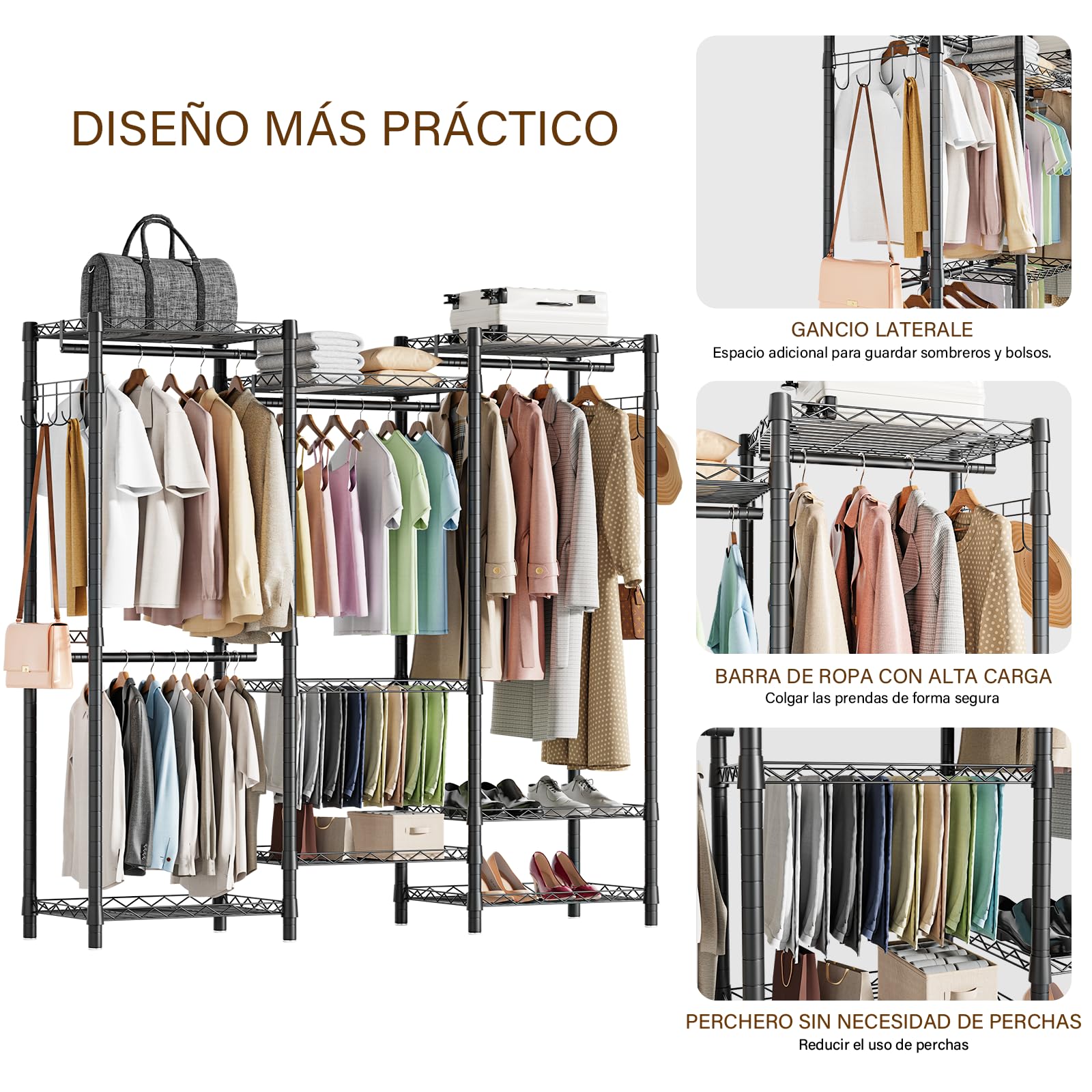 AQRA Perchero Burro Ropa Negro Metálico | 3 Barras Para Ropa, Ganchos Laterales, Carga máxima 400kg, Dimensiones 172×38×194cm