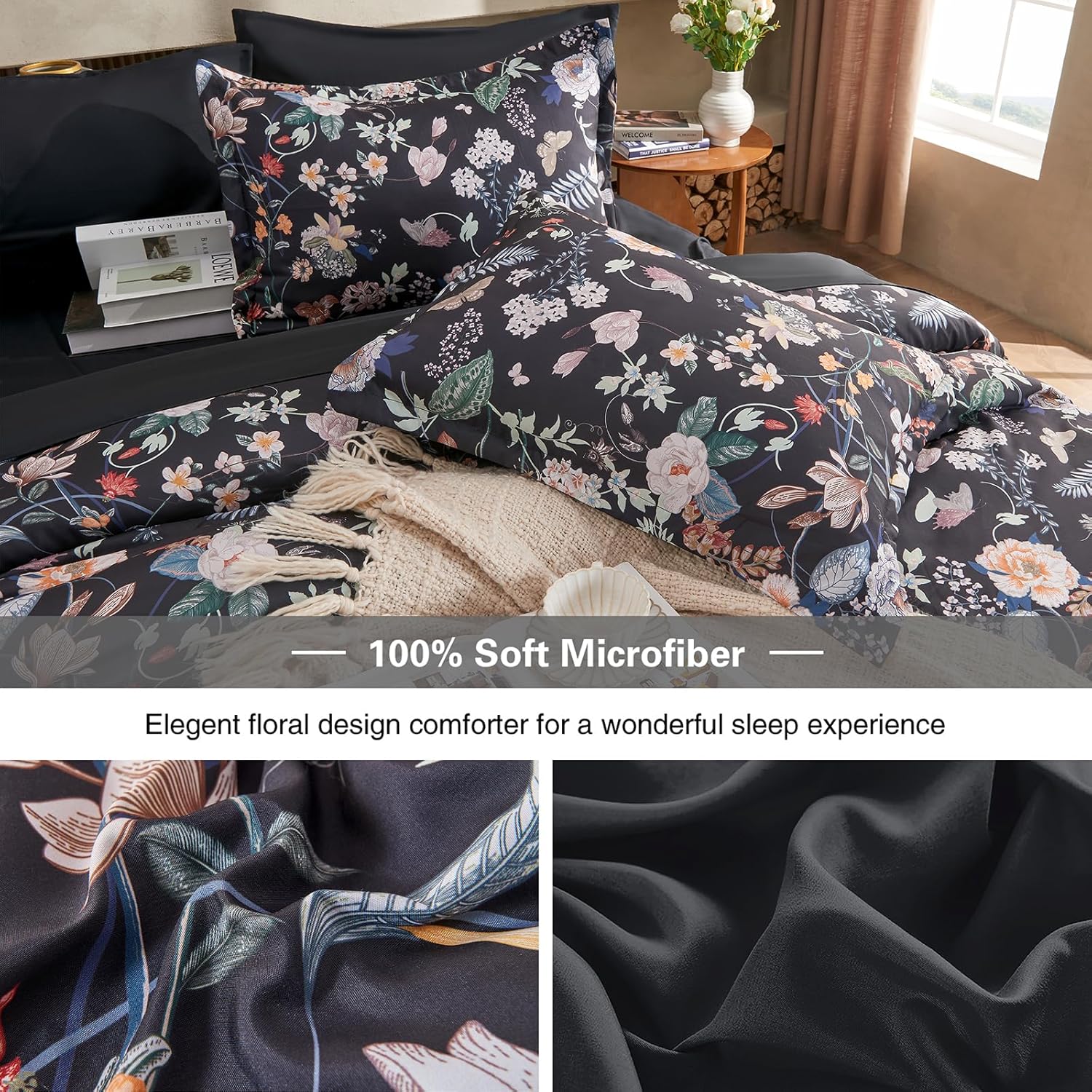 7 Piece Queen Comforter Set, Black Butterfly Floral Comforter Set with Flowers Leaves Pattern, Soft Microfiber Complete Bedding Set for All Season(Black, Queen)