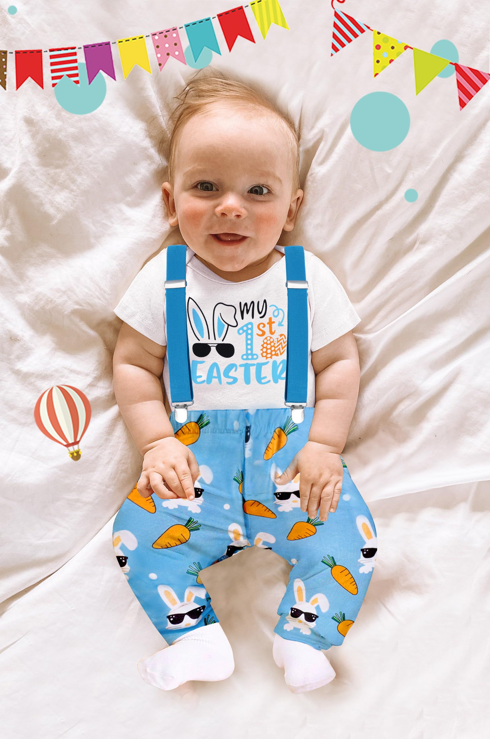 AGAPENG Baby Boy Easter Outfit 3-6 Months My First Easter Baby Boy Outfit Easter Bunny Wearing Sunglasses Short Sleeve Onesie Romper + Suspender Pants + Rabbit Ears Hat