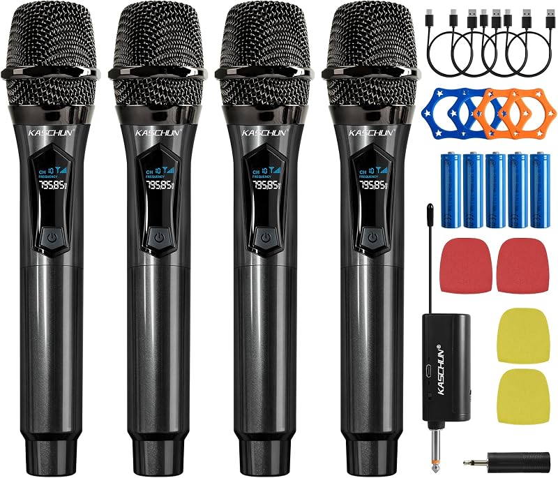 Wireless Microphone, 4 Rechargeable Handheld Cordless Mics System | 200FT Range, Plug & Play, 10hr Battery, Karaoke Mics Set for Karaoke, Church, Wedding, Home Party, Group Singing