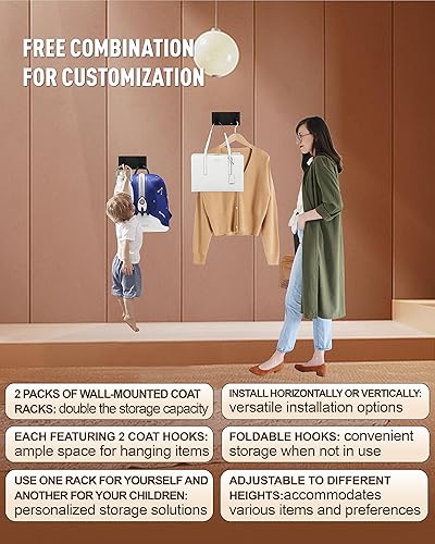 Miniatura 2 de Paquete de 2 ganchos de pared negros impermeables modernos, ganchos plegables para toallas para baños, ganchos para abrigos montados en la pared,