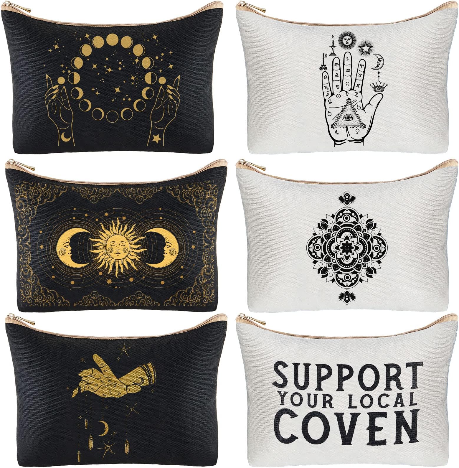 Saintrygo 6 Pcs Witchy Gifts Halloween Tarot Makeup Bag Tarot Cards Phase Aesthetic Moon Canvas Toiletry Cosmetic Bag for Witchcraft Lover Women Coven