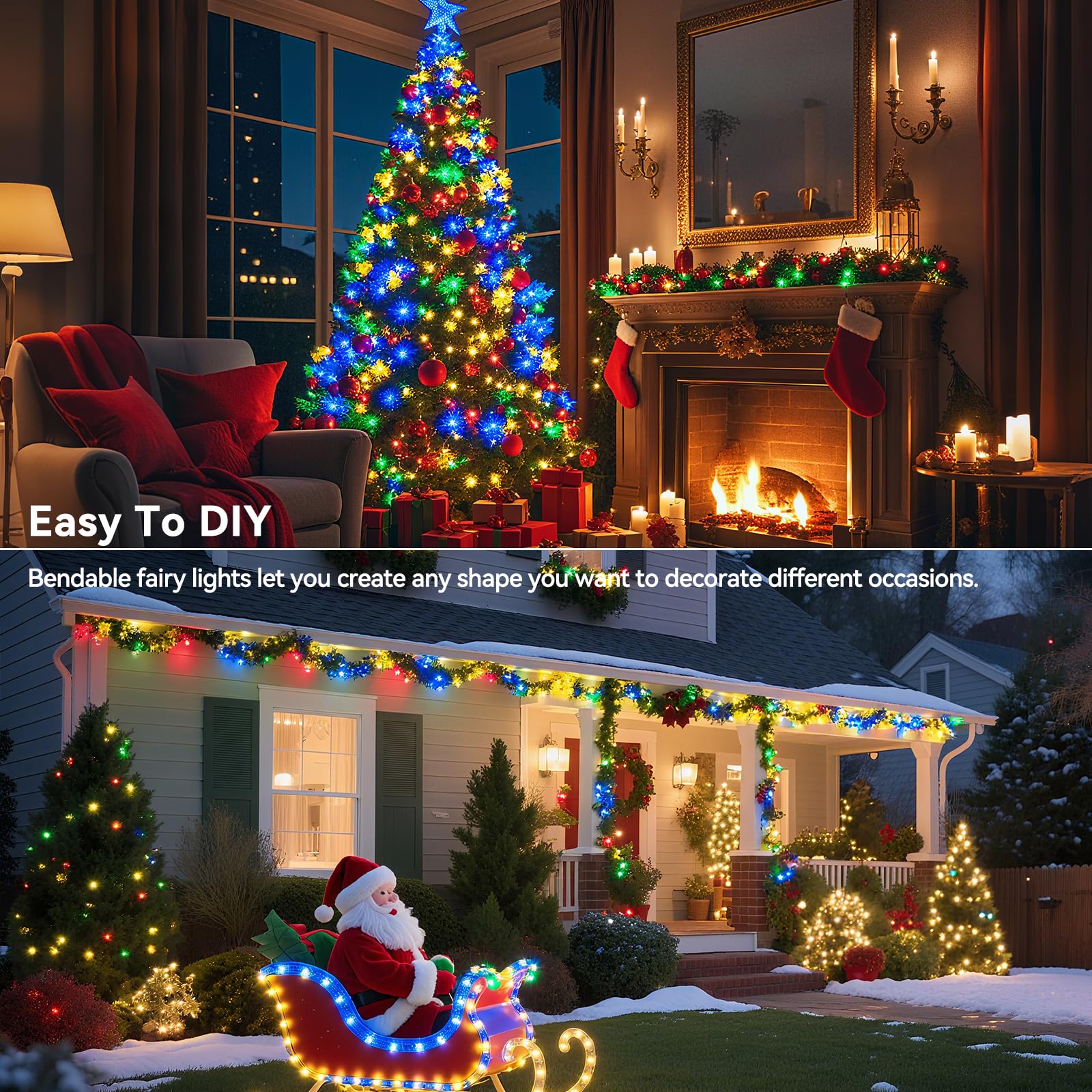 LitHome Lot de 8 guirlandes lumineuses multicolores à piles, 6 m 60 LED scintillantes à piles, 2 modes, étanche, pour intérieur et extérieur, Noël, mariage, chambre à coucher