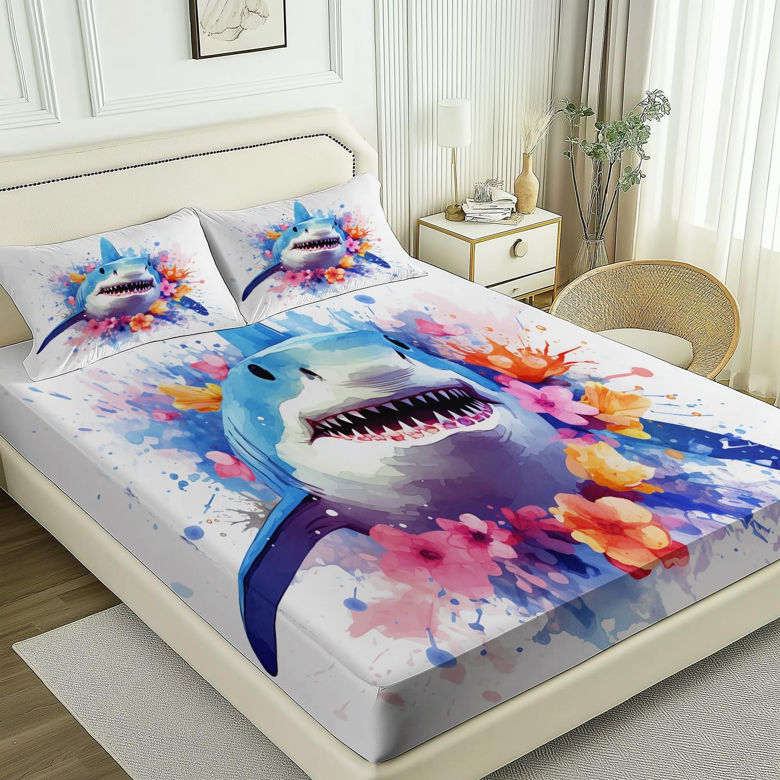 Akwarela Kwiat Rekina Urocze prześcieradło z nadrukiem z miękkiej mikrofibry - 140 × 200 cm wysokość materaca do 30 cm, biały oddychający i zmywalny pokrowiec na materac z 2 poszewkami na poduszki
