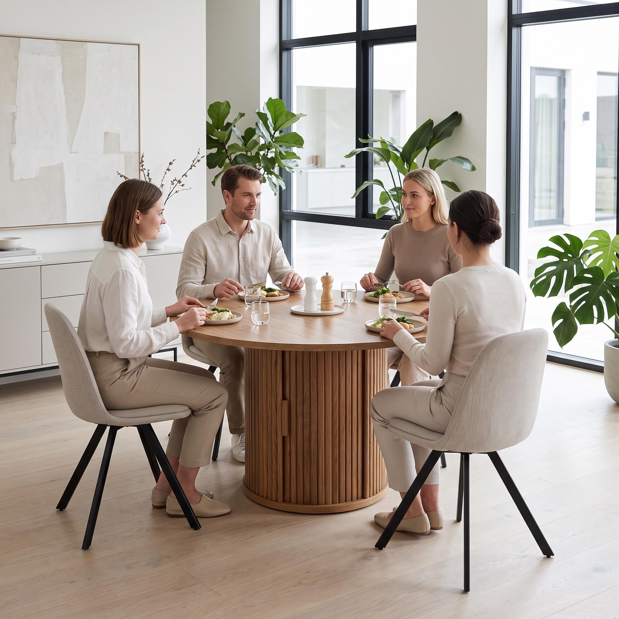 FurnitureR Ensemble de salle à manger rond de 120 cm avec 4 chaises pivotantes et espace de rangement
