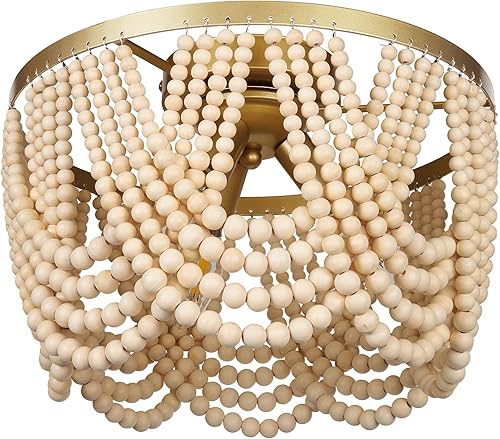 Lámpara de techo con cuentas de madera bohemia de 127 pulgadas 3 luces doradas de montaje empotrado lámpara de araña para guardería dormitorio