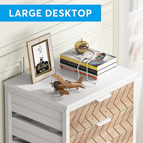 Miniatura 6 de Cómoda de 5 cajones, armario de almacenamiento de madera con ruedas, cómoda de almacenamiento para oficina, dormitorio, entrada, beige y blanco