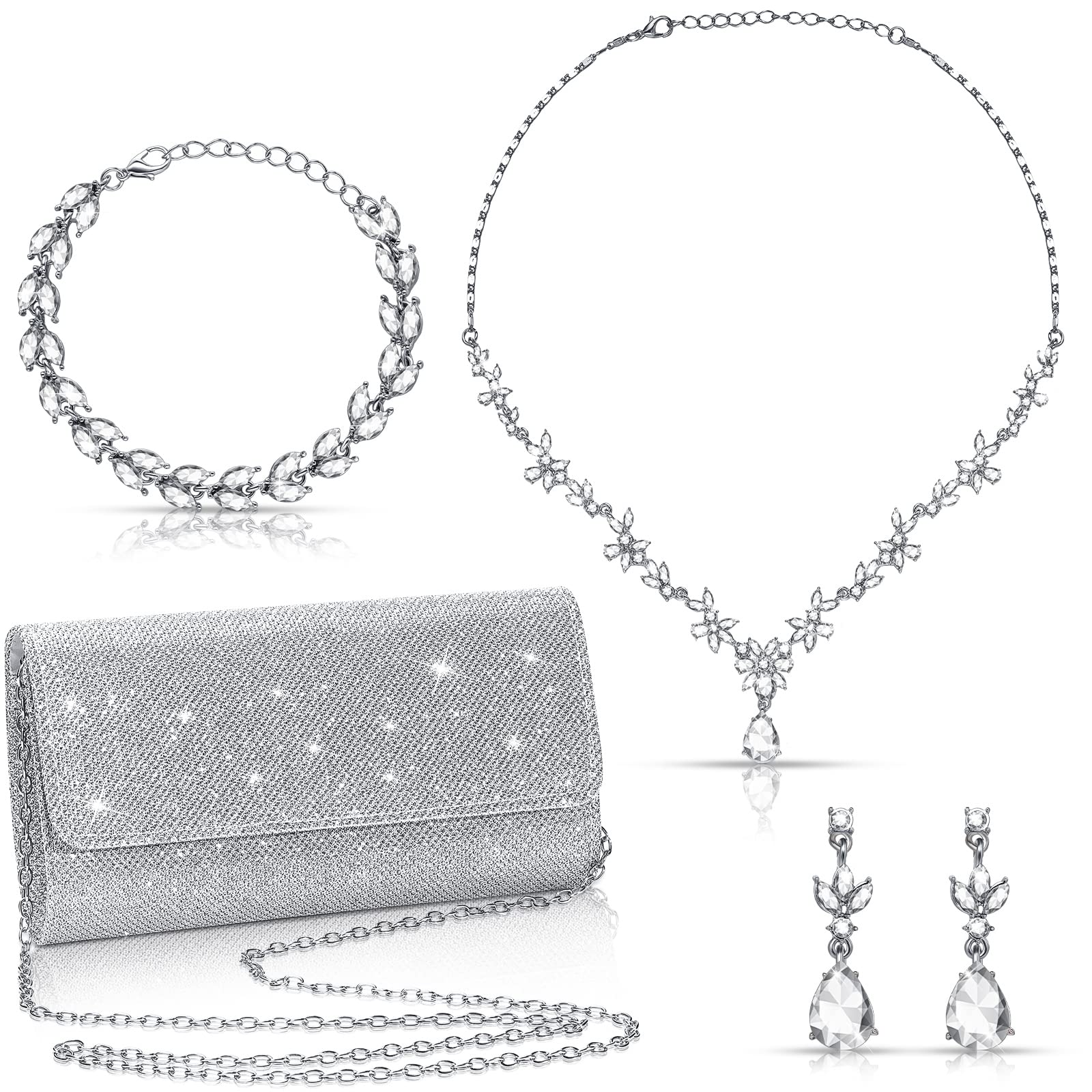 Tiamon 4 Pcs Women Rhinestone Clutch Purse Jewelry Set Silver Accessories for Evening Bride Wedding Party Cocktail Gift