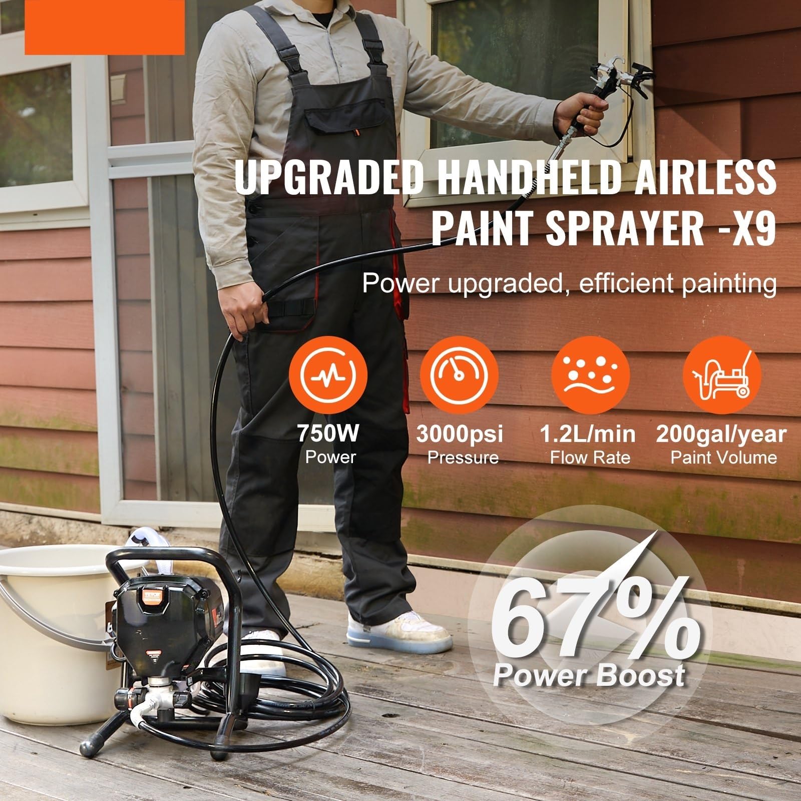 Pulverizador de pintura sin aire 750 W con soporte, 3000 PSI alta eficiencia, pulverizador eléctrico, efecto fino y uniforme Revestimiento de pared