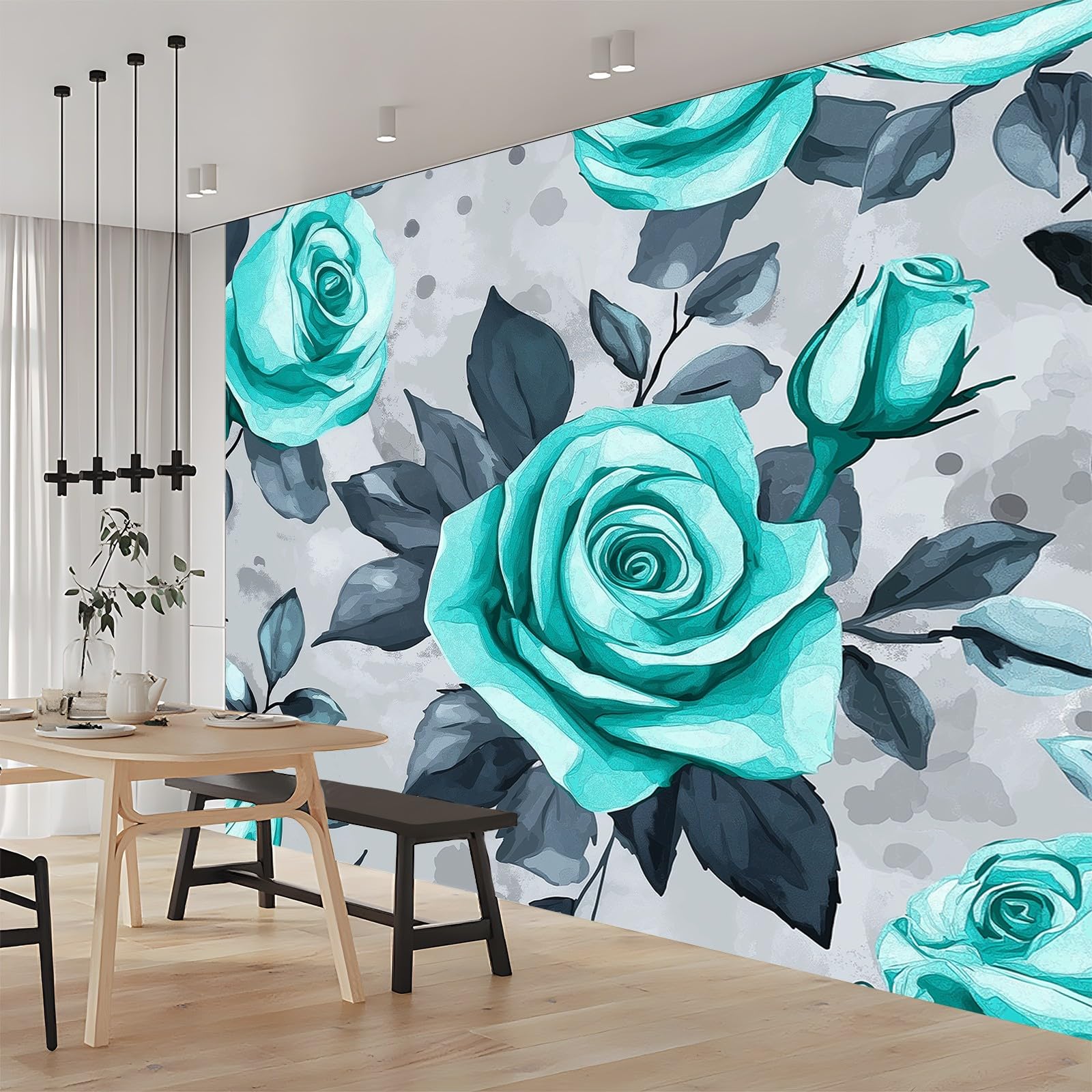 Panoramiczna tapeta abstrakcyjne kwiaty geometria cyjan szary 300 x 210 cm (szer. x wys.), gigantyczny plakat ścienny 3D nowoczesna tapeta dekoracja ścienna salon sypialnia sypialnia sypialnia biuro
