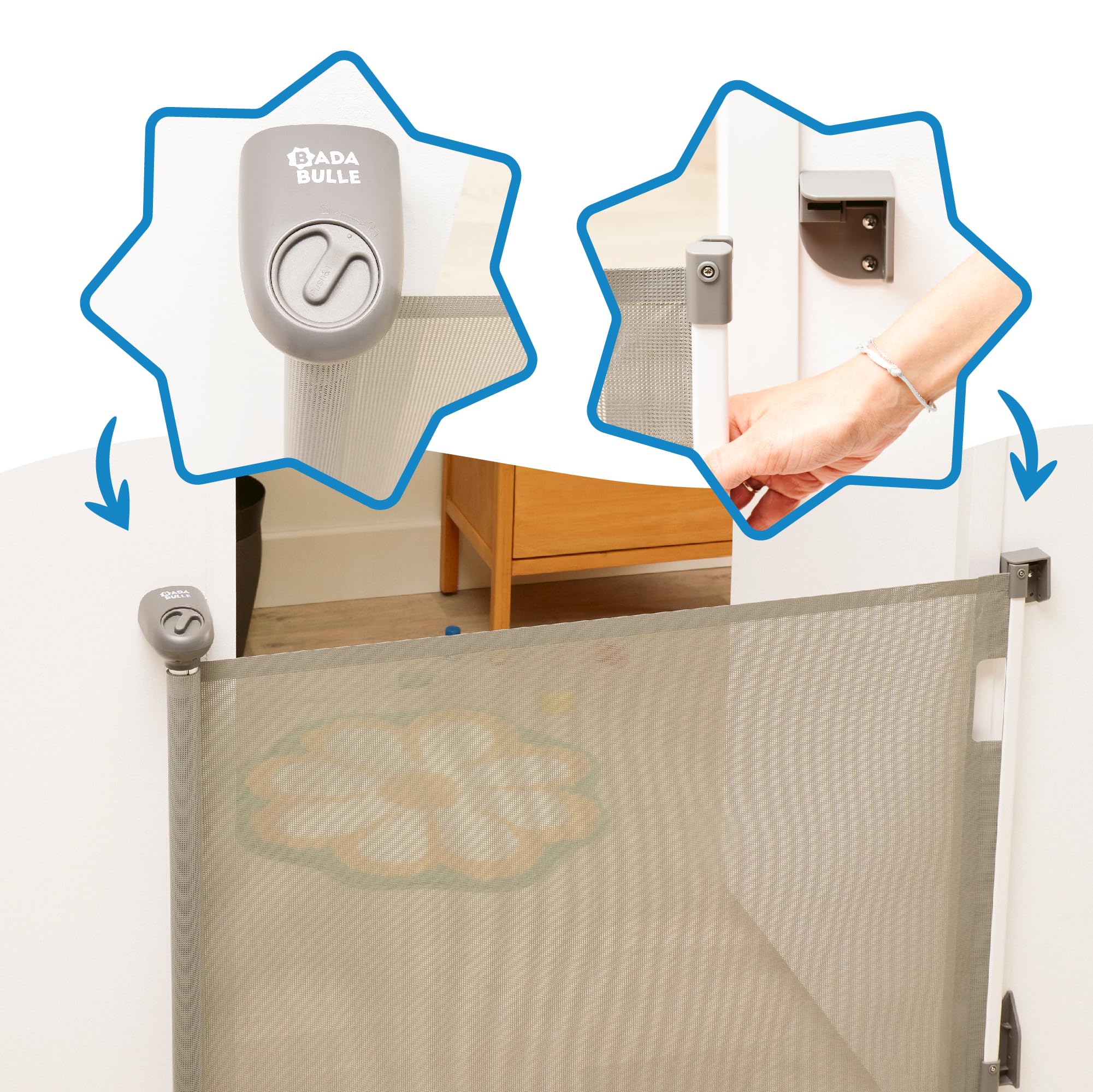 Badabulle Barrière de Sécurité Enfant Safe&Roll- Barrière Fixation Vis, Barrière Retractable Extensible (jusqu'à 140cm) - Discrète - Simple à Installer - Ouverture Facile & Sécurisée