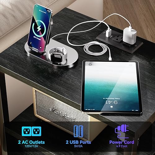 Miniatura 5 de Furologee Juego de 2 mesitas de noche, mesas auxiliares con estación de carga y luces LED, mesitas de noche negras con 2 cajones de tela, juego de 2