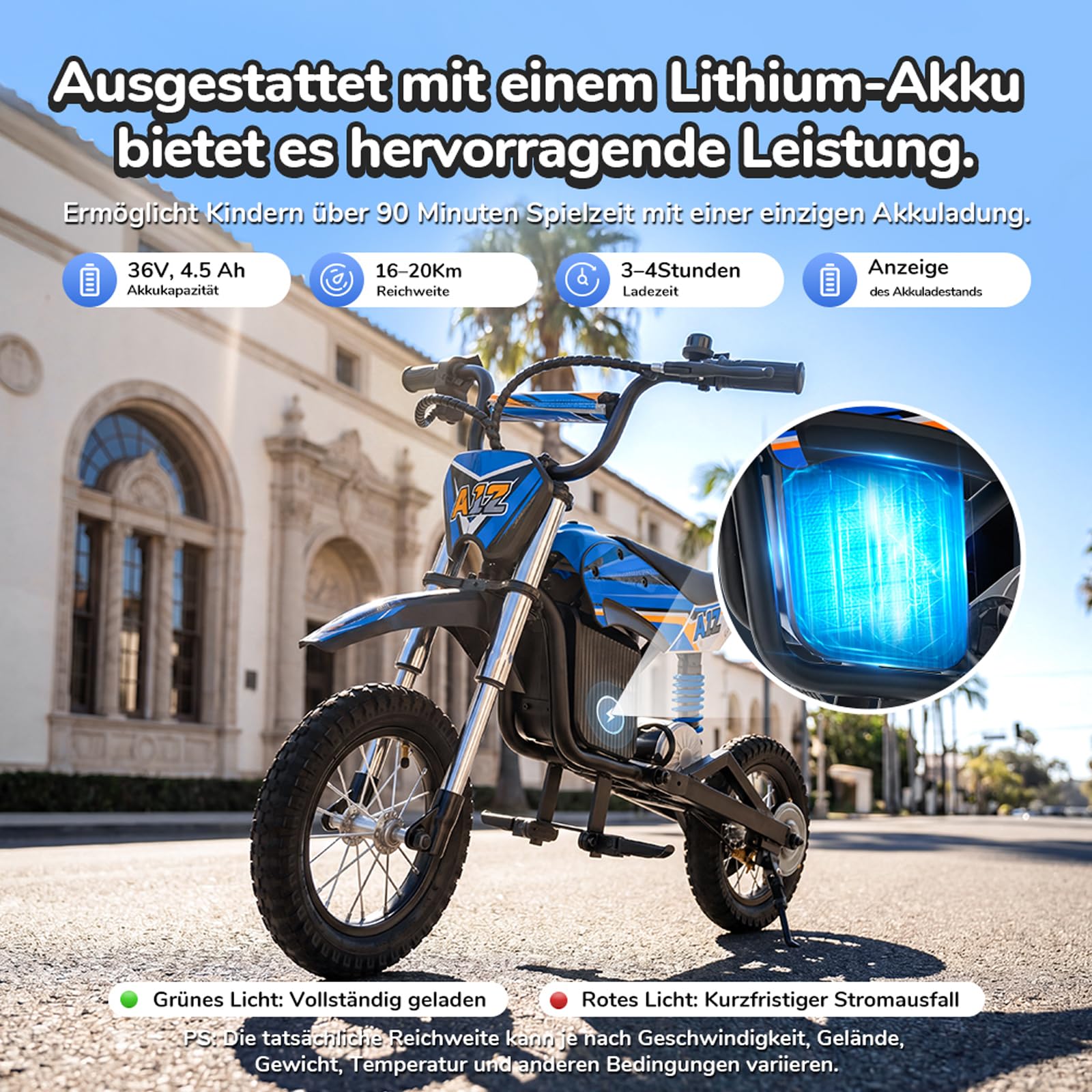 A12 Elektro Motorrad für Kinder ab 110cm Körpergröße 3–12-Jährige (Blau) | Elektromotorrad mit 350W Motor, 3 Geschwindigkeitsmodus, 20KM Max Reichweite, 12 Zoll Luftreifen,LED,doppelte Stoßdämpfung