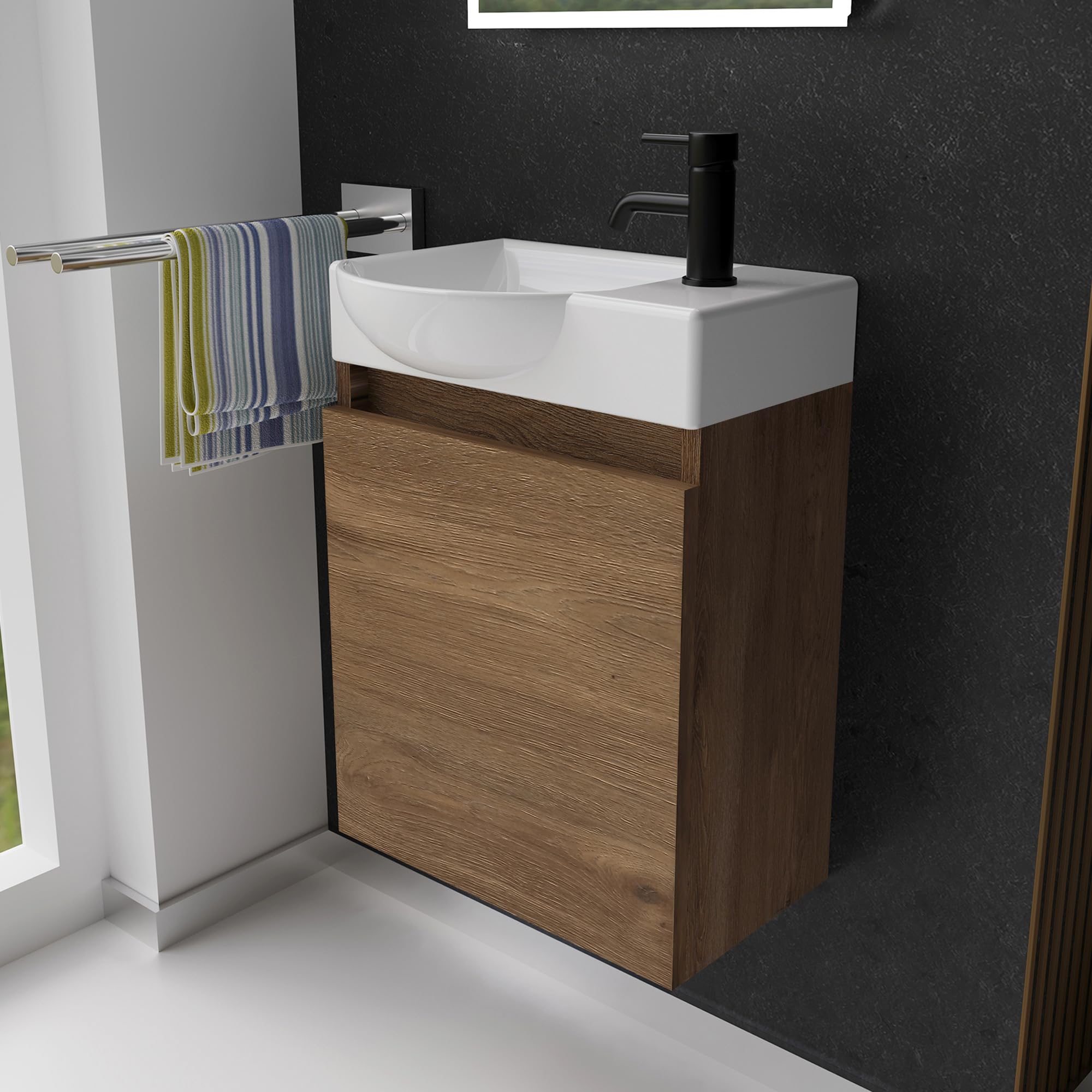 Alpenberger Gäste WC Waschbecken mit Unterschrank | Kleines Badmöbel 45 cm Breit | Waschtisch mit Waschbeckenunterschrank (Eiche, Waschbecken - Linke Seite)
