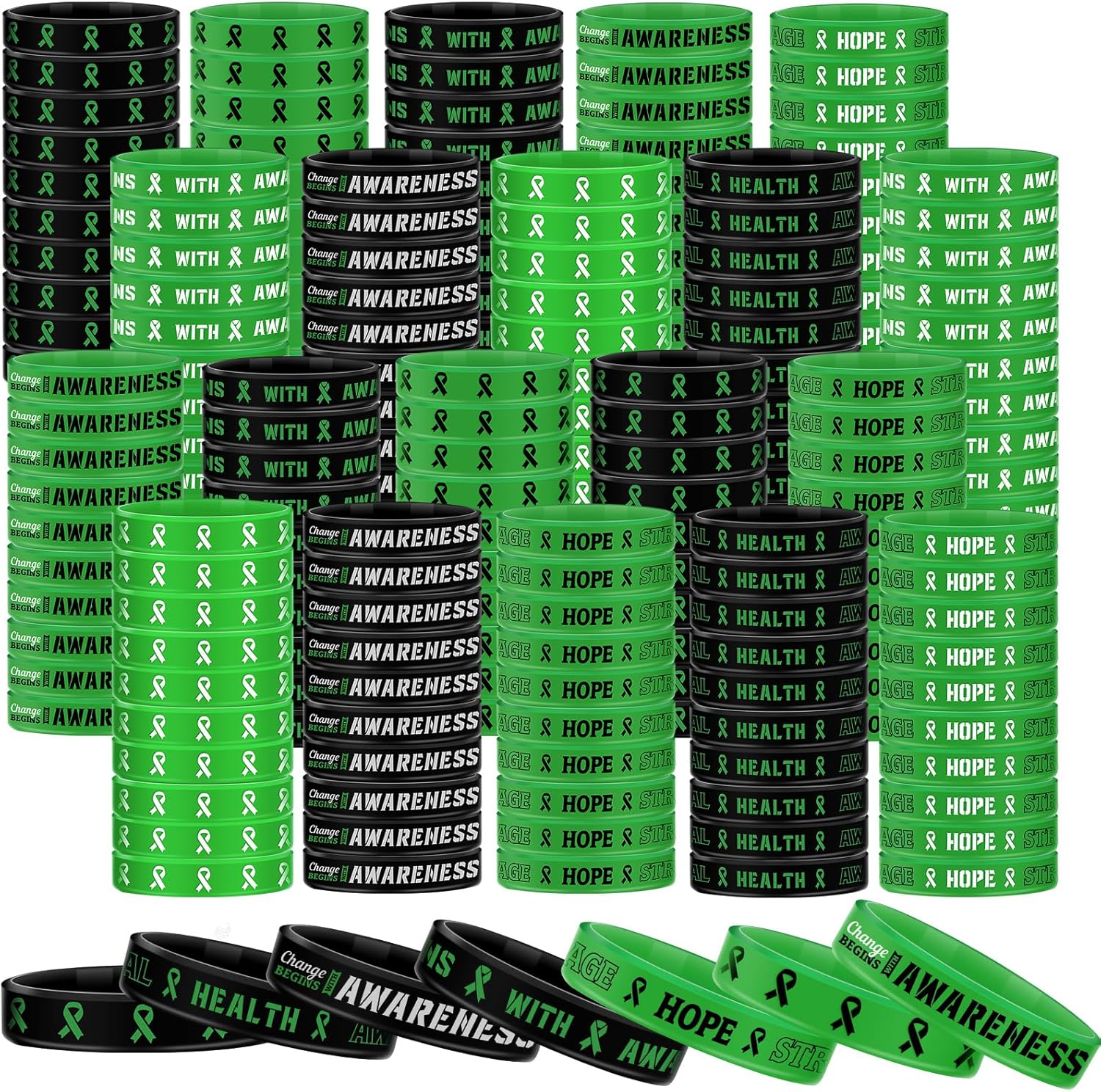 Sosation 200 Pcs Mental Health Awareness Bracelet Green Faith Courage Hope Strength Silicone Wristband Motivational Bracelets Gifts Items for Men Women