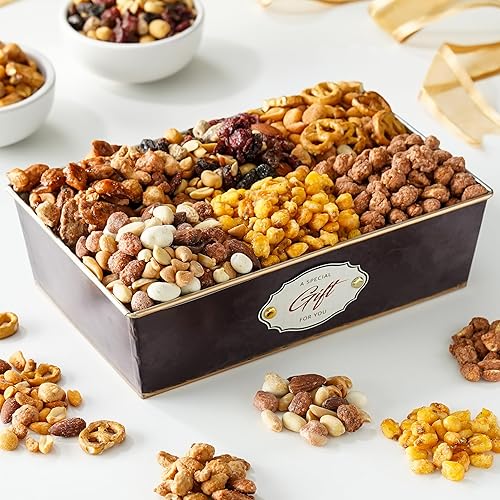 Broadway Basketeers Cesta de regalo de frutos secos una variedad de 6 mezclas de nueces gourmet, caja de comida para aperitivos, regalo saludable