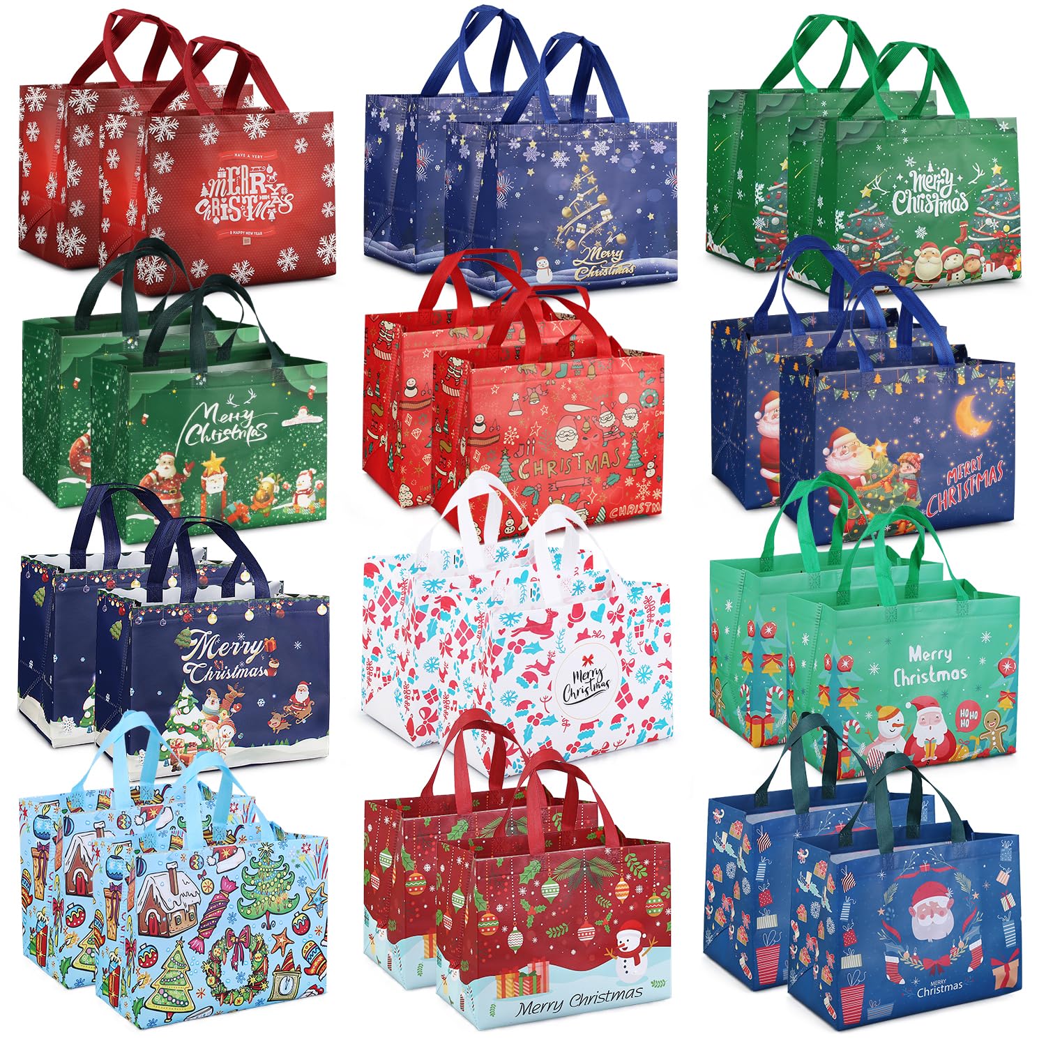 PARSUP 24PCS Christmas Gift Bags with Handles, Non-Woven Christmas Bags for Treat Gifts Wrapping Shopping, Xmas Party Supplies, 12.8 * 9.8 * 6.7inch
