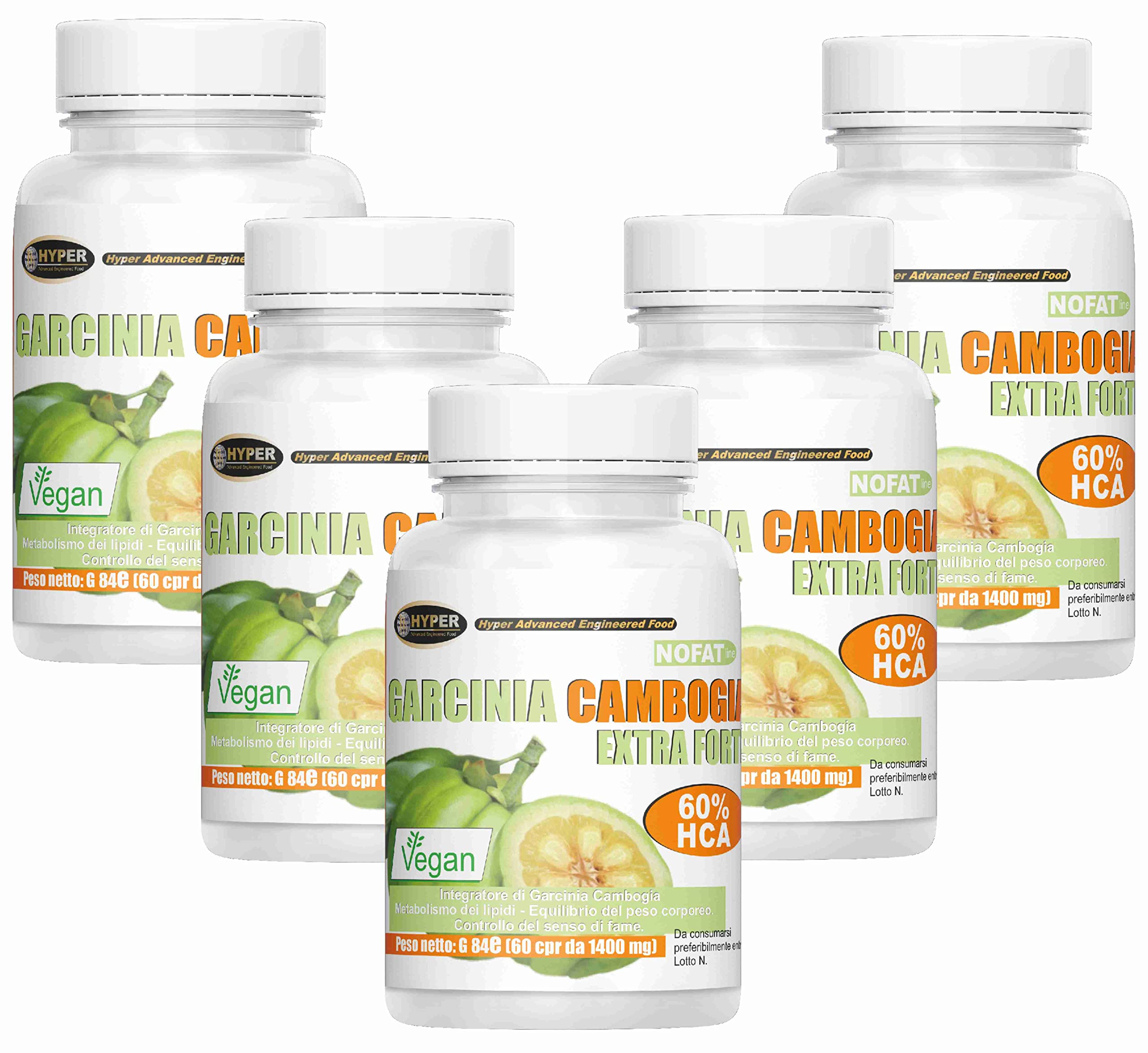 Hyper Garcinia Cambogia Extra Forte 1000 MG X Compressa – 60% HCA Integratori - Vegan - 5 Flaconi da 60 compresse Integratore Alimentare Prodotto in Italia